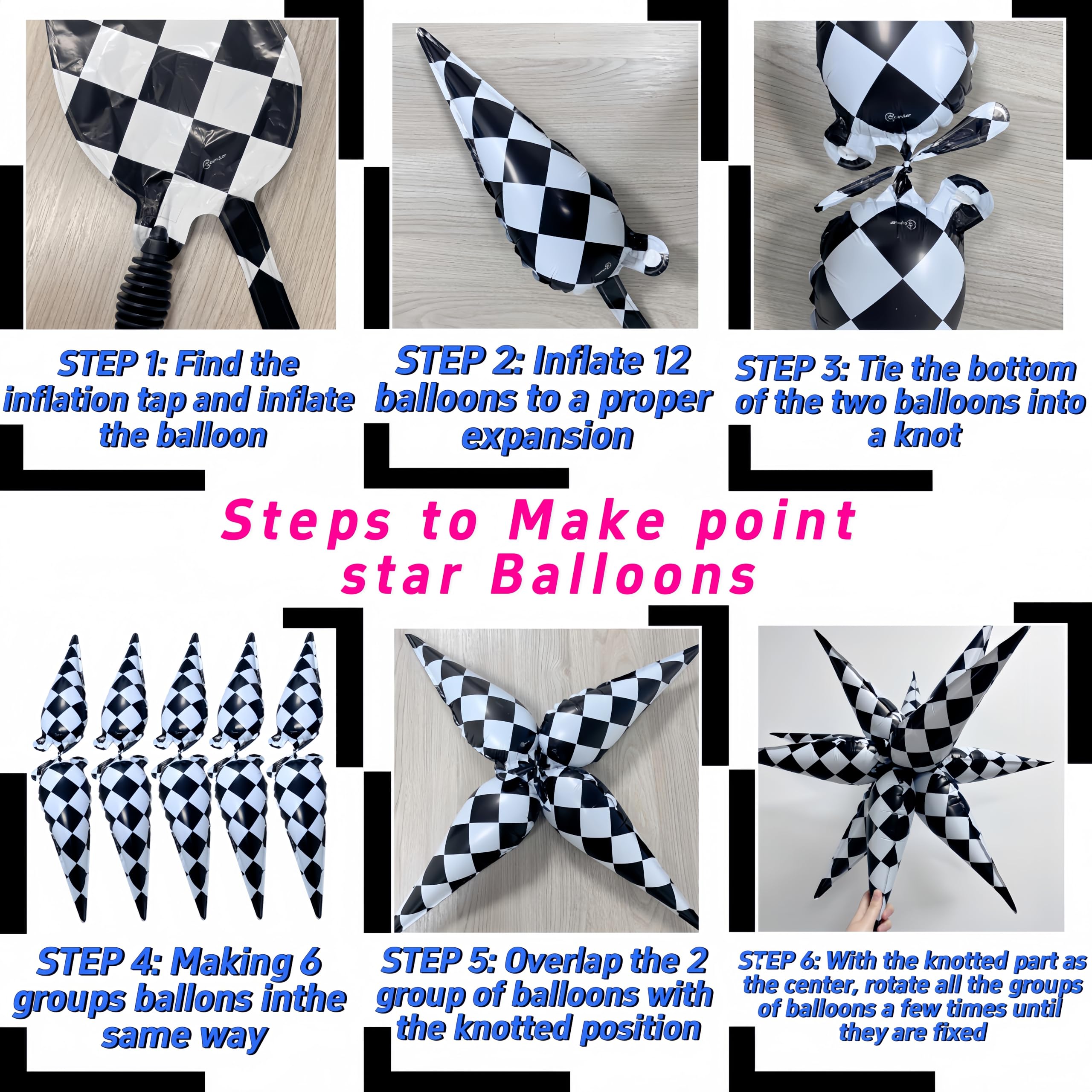 2*12 Pcs Black White Checkered Explosion Pointed Star Foil Balloons/4D Checkered Racing Balloons/Race Car Birthday Party Supplies/Las Vegas Casino Party/Father's Day Boys Birthday Party (2 Pcs Black)