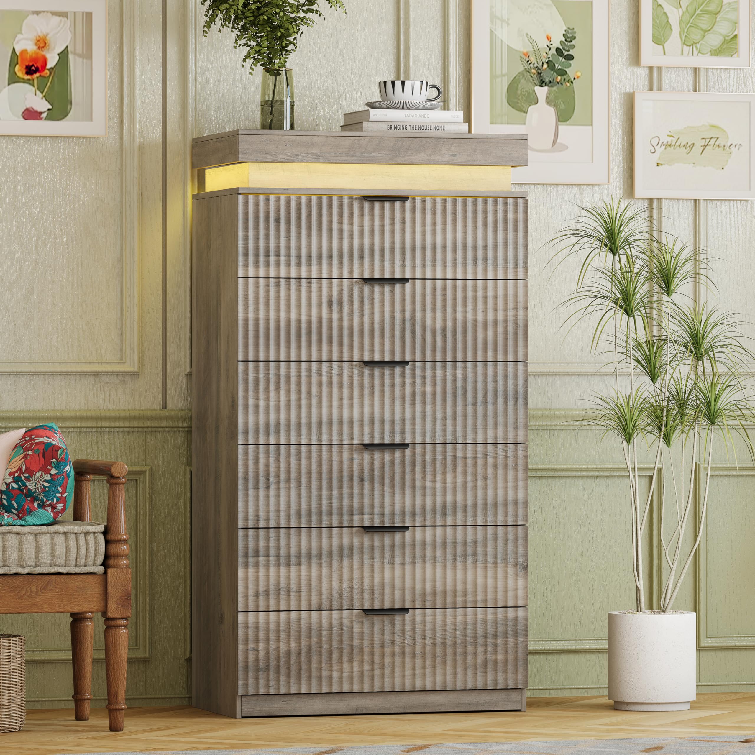 Tall 6 Drawer Dresser with LED Lights &amp; Charging Station, Wood Grey