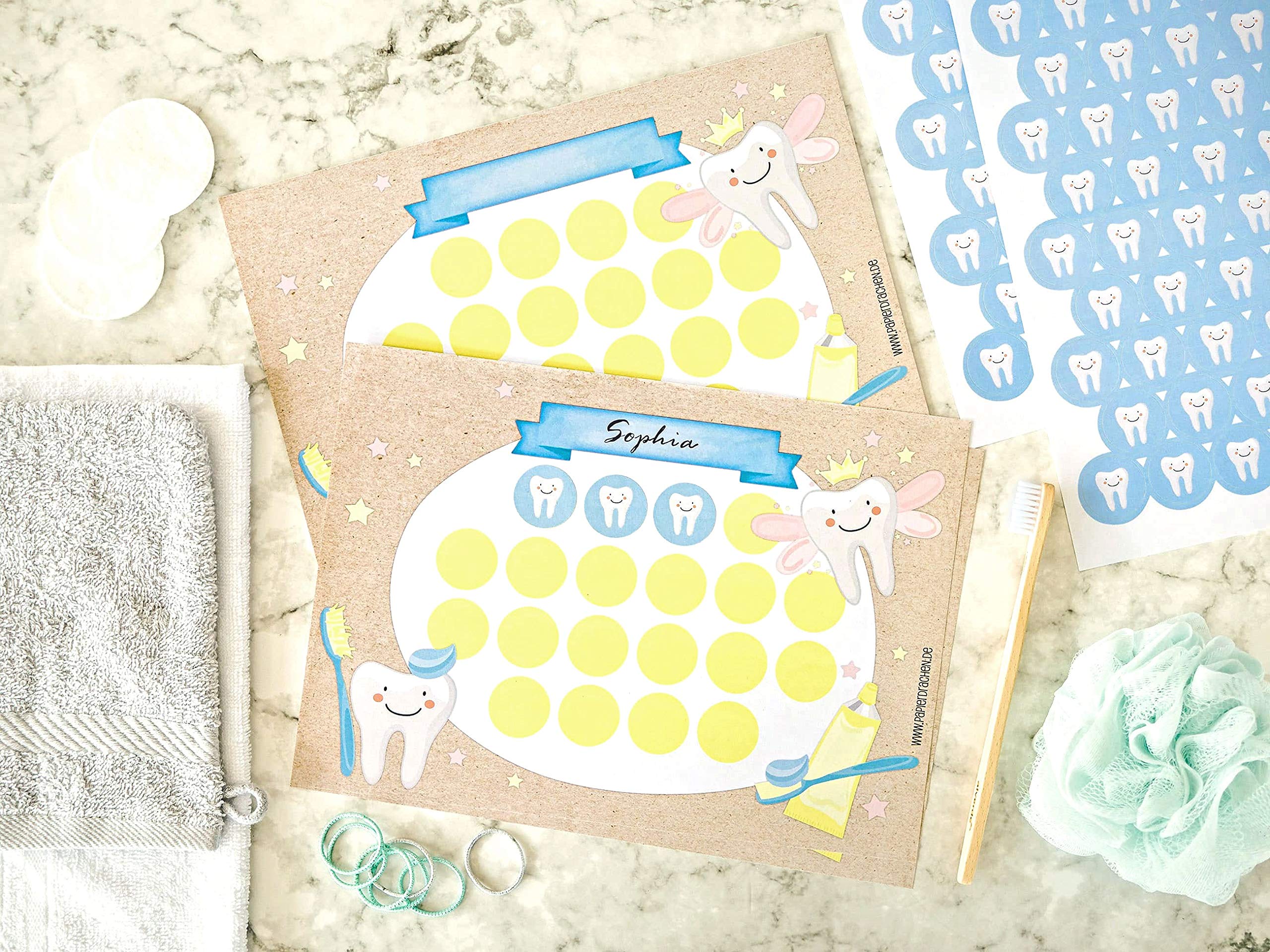 PaPIerDraCHeN Set di grafici delle ricompense per Bambini Come Blocco a Strappo 10 Fogli - Concetto motivante - con Grandi Adesivi per Bambini e Bambine - Motivo per lavarsi i Denti 1 Set 10