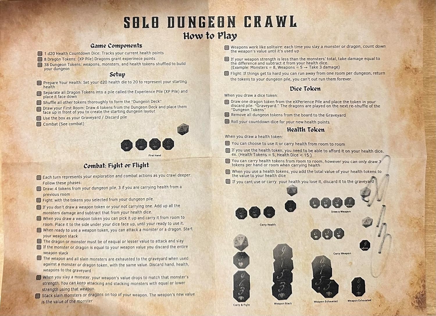 One Player Solitaire TTRPG Game with Dice & Tokens | Solo Dungeon Adventure | Quick, Replayable Combat Game | Single Player Role-Playing |