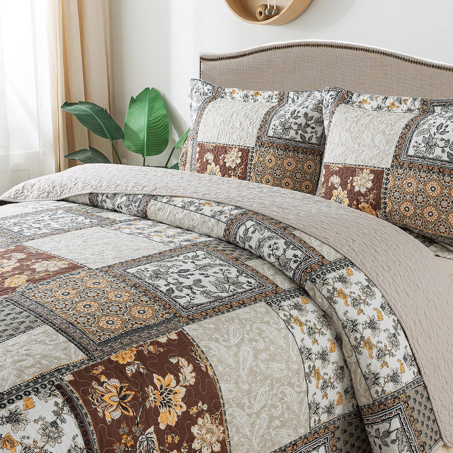 NEWLAKE Cotton Bedspread Quilt Sets-Reversible Patchwork Coverlet Set, Chic Floral Paisley Pattern, Queen Size