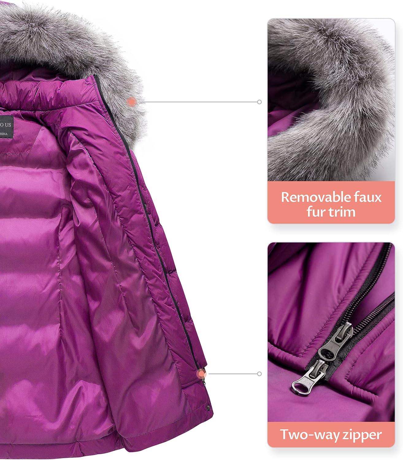 CREATMO US Women's Winter Snow Jacket Long Fur Puffer Coat With Removable Faux Fur Trim - Image 6
