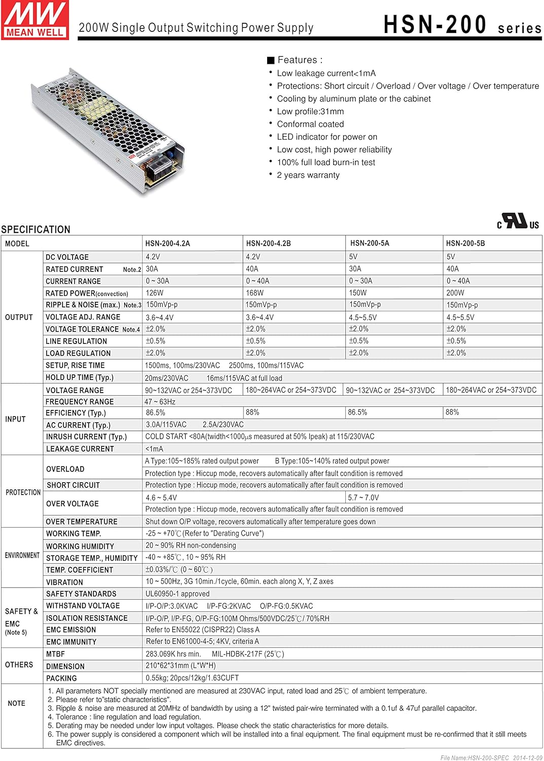 MEAN WELL HSN-200-4.2B 4.2V 40A 168W Single Output Switching Power Supply LED Sign Panel