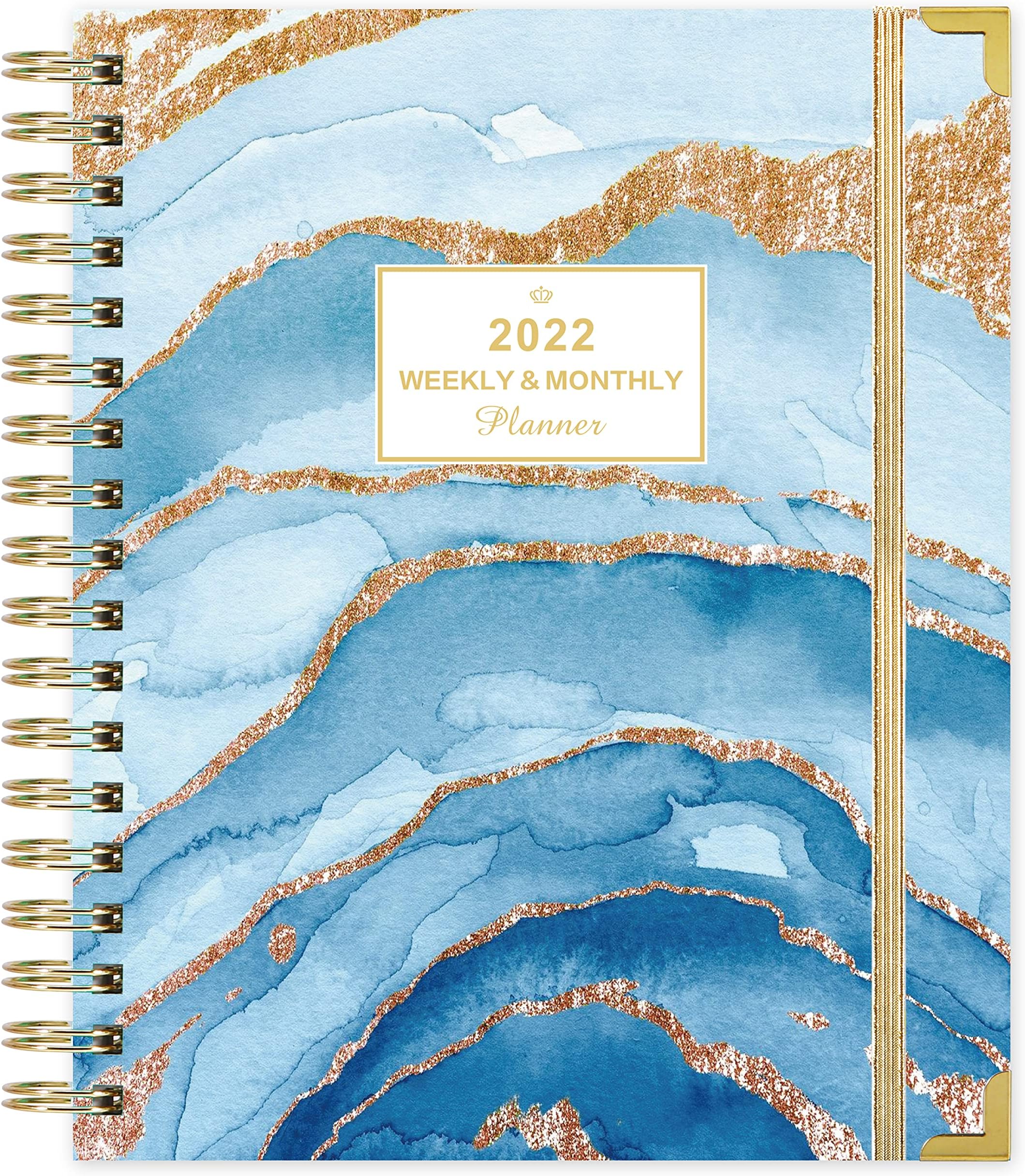 2022 Planner - Planner 2022 From Jan - Dec, Weekly Monthly Planner 2022 with Monthly Tab, 8" x 10", Premium Thick Paper, Strong Twin-Wire Binding, Elastic Closure, Inner Pocket, Blue Pattern