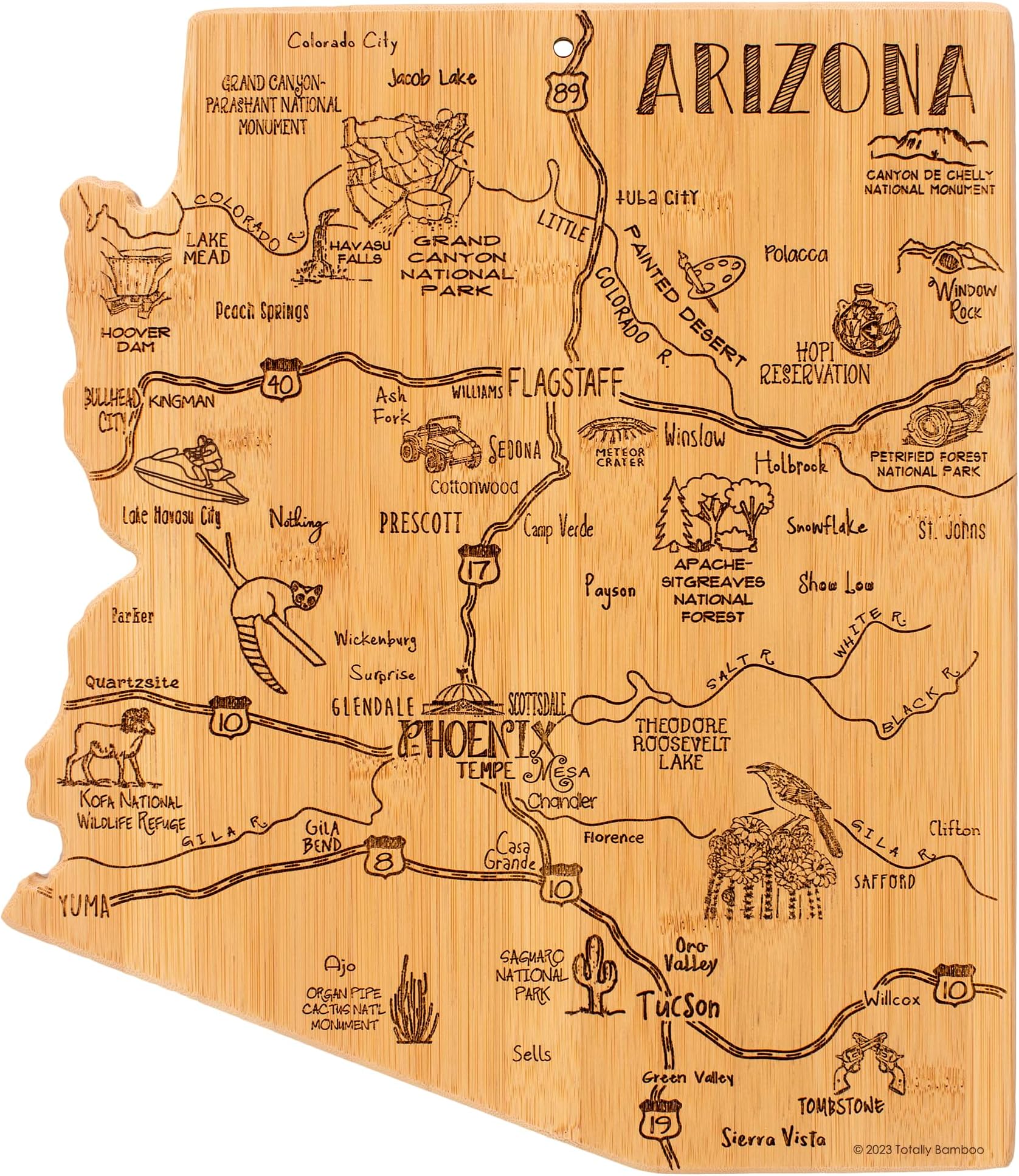 Totally Bamboo Destination Arizona Shaped Cutting Board โ Bamboo Charcuterie and Serving Board with Hang Tie for Wall Display