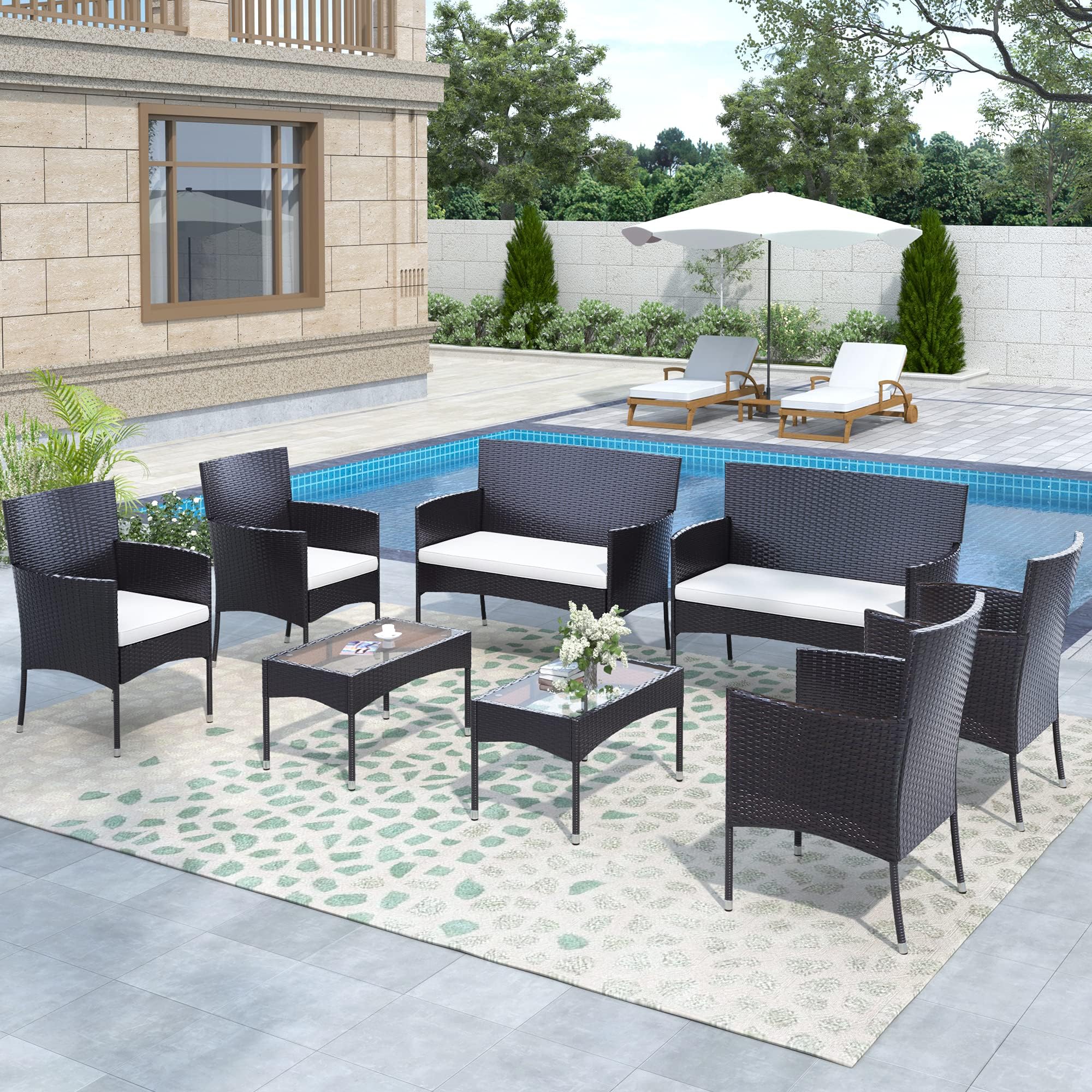 STARTOGOO8 Pieces Rattan Furniture Set, Outdoor Wicker Patio Conversation Sofa w/Chair, Loveseat and Tempered Glass Coffee Table, Suitable Backyard Poolside Lawn Pool Garden Porch, White