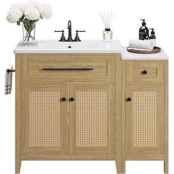 IRONCK 36" Bathroom Vanity with Sink, Freestanding Bathroom Sink Cabinet with 4 Drawers & 1 Flip-Down Drawer, Wood Grain Texture, Metal Handle, Farmhouse