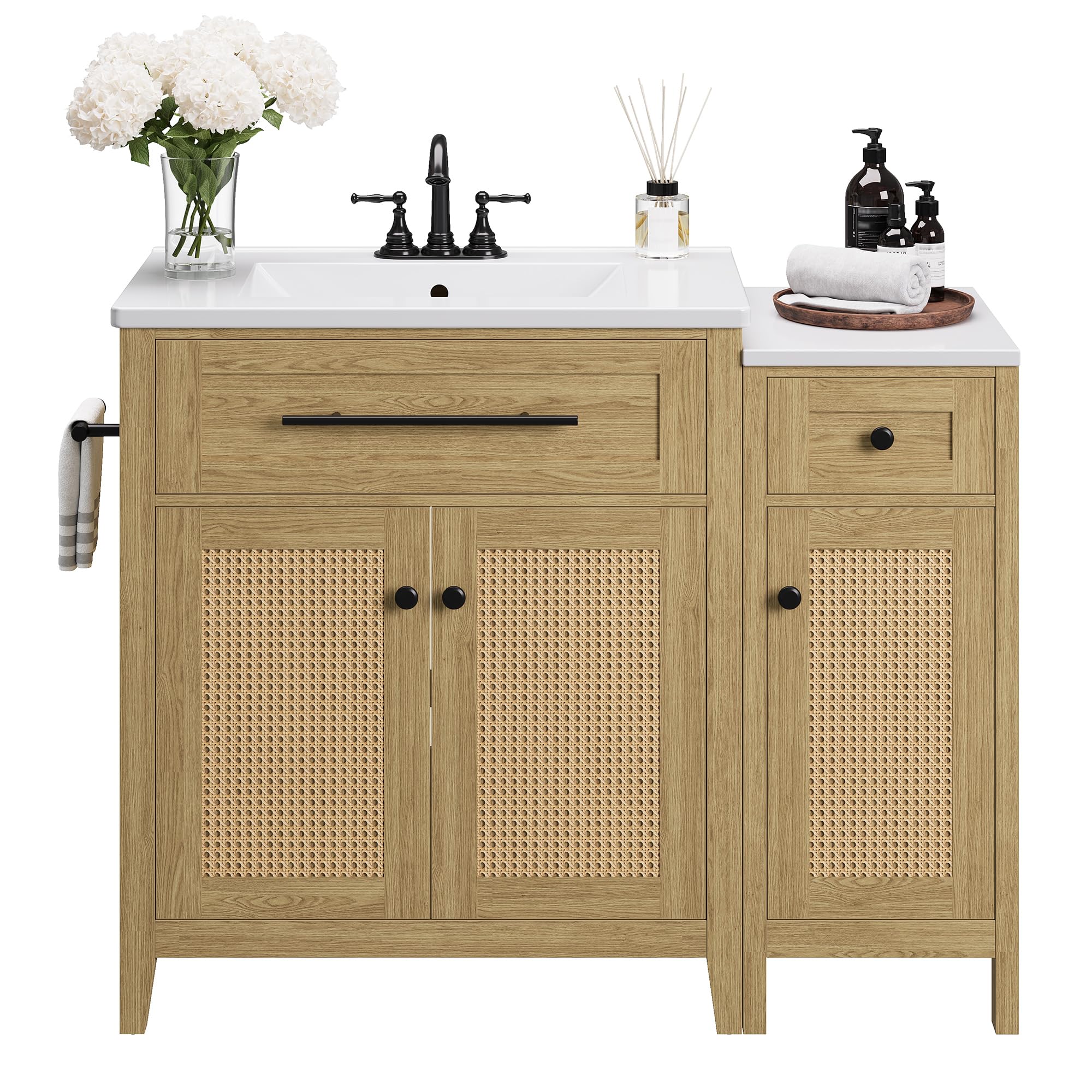 IRONCK 30" Bathroom Vanity with Storage Side Cabinet, Freestanding Bathroom Cabinet with Ceramic Sink, Flip-Down Drawer & Soft Closing Door, Farmhouse
