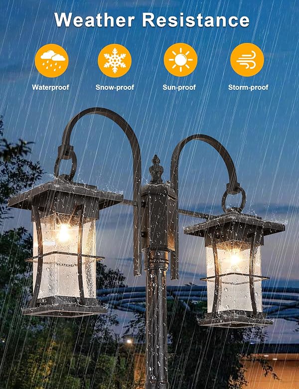 EERU Dusk to Dawn Outdoor Lamp Post Light with Outlet, Electric 2-Head Outdoor Pole Light Farmhouse Street Light Post for Outside Waterproof Black Exterior Pillar Lantern for Garden Patio Driveway by EERU - Image 5