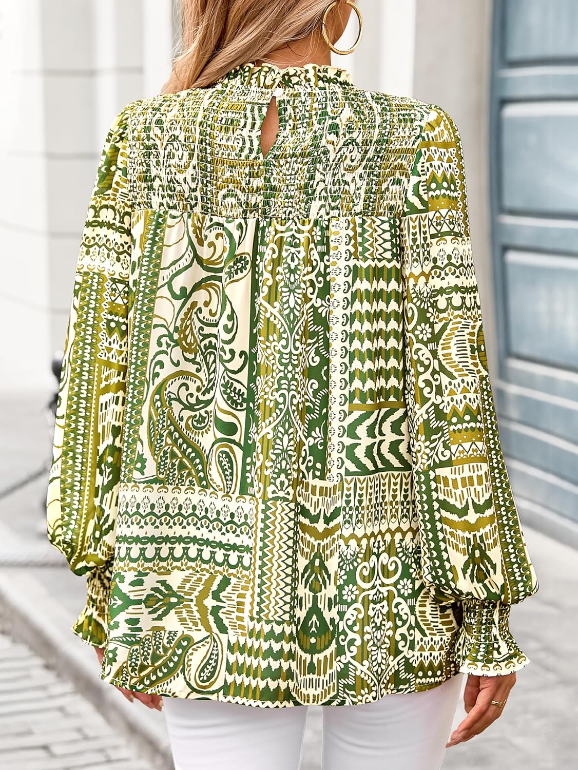 MASCOMODA Womens Blouses 2025 Spring Boho Floral Ruffle High Neck Long Sleeve Tops Dressy Casual Smocked Chiffon Work Shirts - Image 5