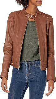 Cole Haan Women's Racer Quilted Panels Genuine Leather Jacket - Stylish All-Season Warmth & Flattering Fit