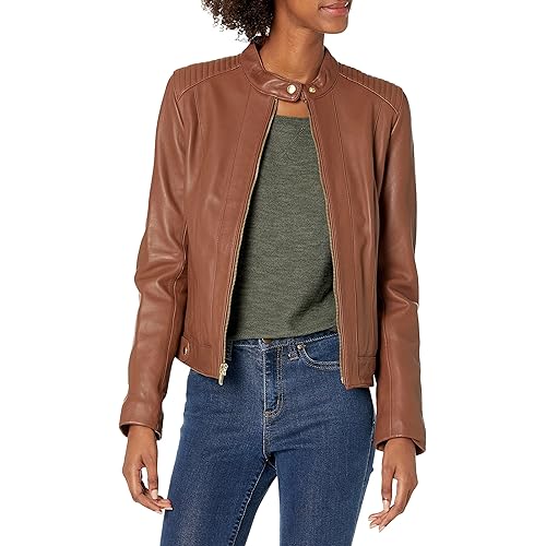 Cole Haan Women's Racer With Quilted Panels Leather Jacket