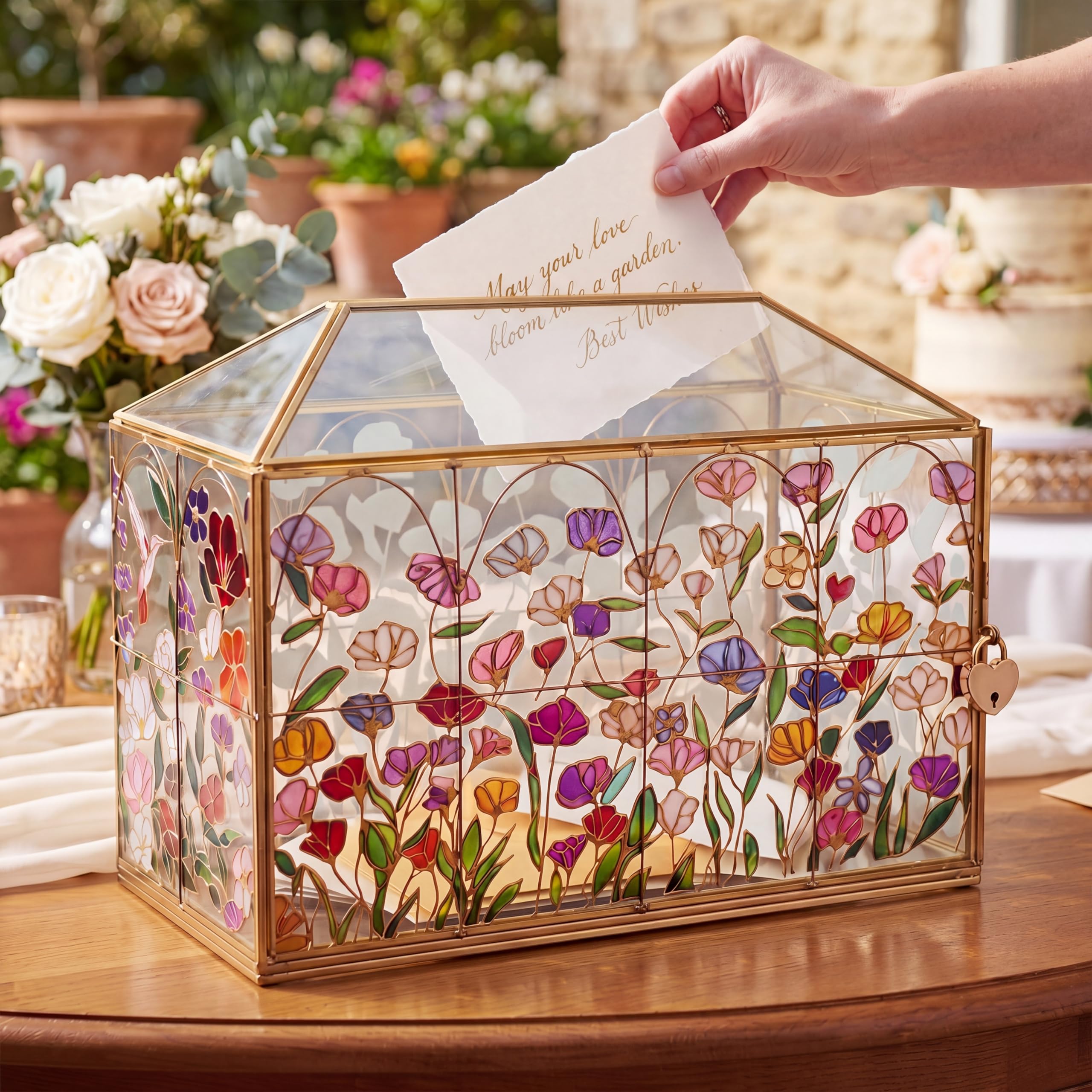 Patelai Hand Painted Floral Stained 12.6 Inch Large Wedding Glass Card Box