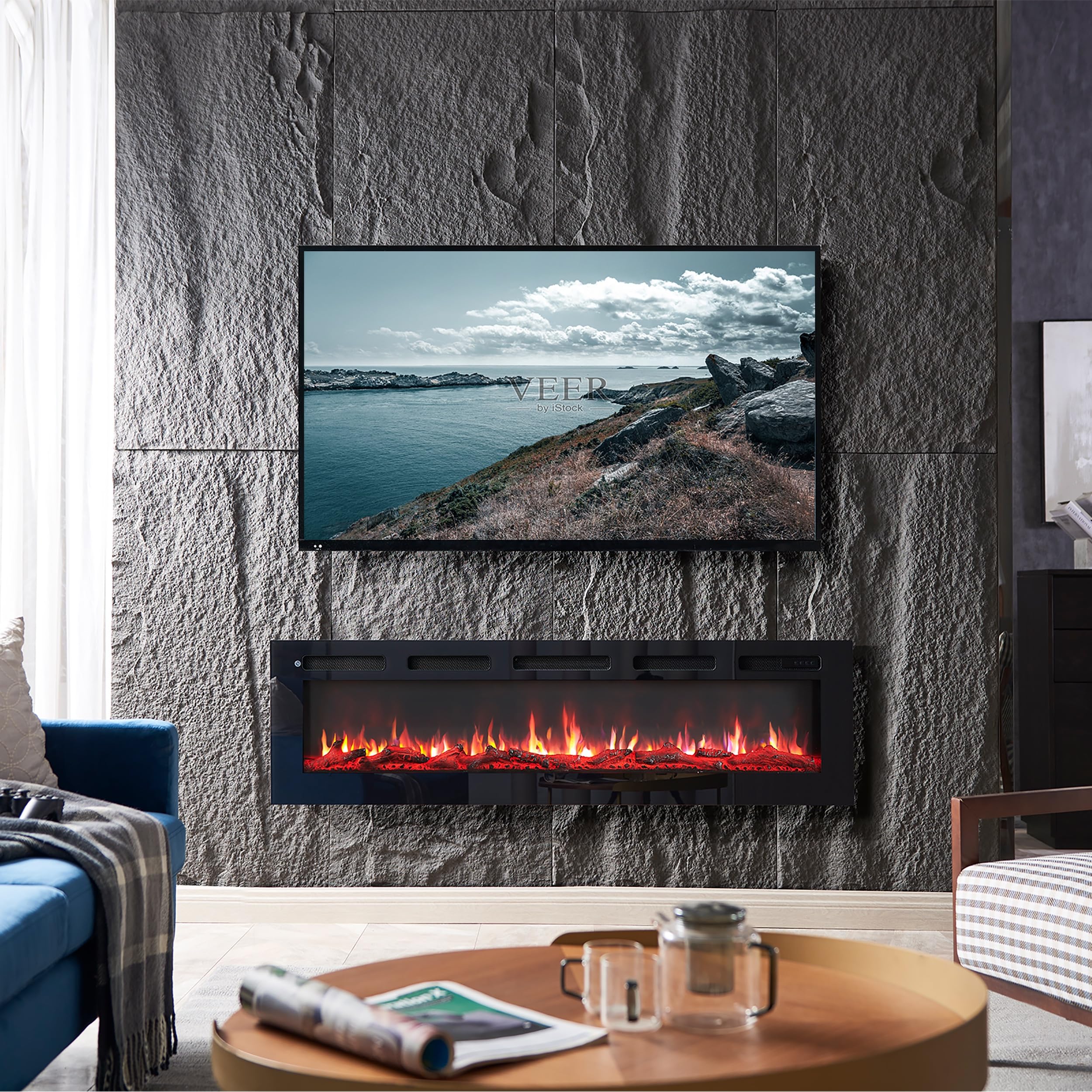 BALDERIA camino elettrico Leif 60"| Caminetto elettrico a pavimento o a muro con riscaldamento 2000 W | Effetto fiamma 3D | Focolare a terra o a parete con telecomando, timer, termostato | Nero