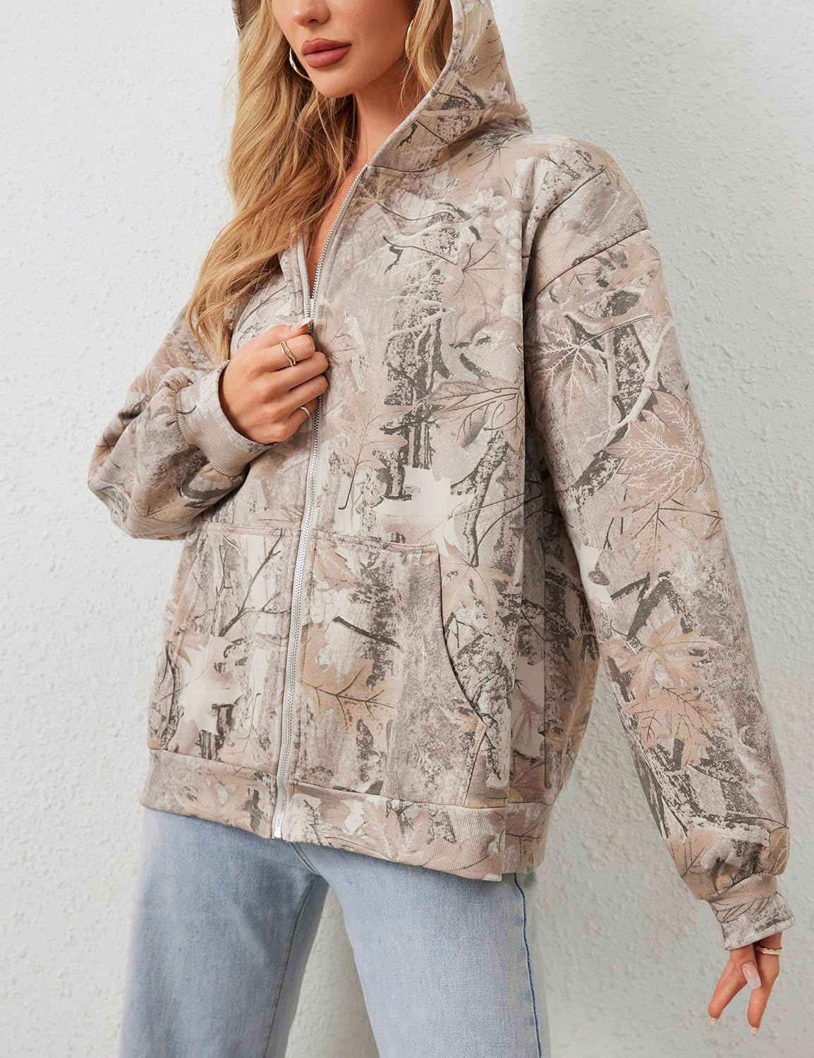Women Camo Hoodie Oversized Fleece Full Zip Up Sweatshirt Casual Long Sleeve Jackets Trendy Fall Clothes With Pockets - Image 5