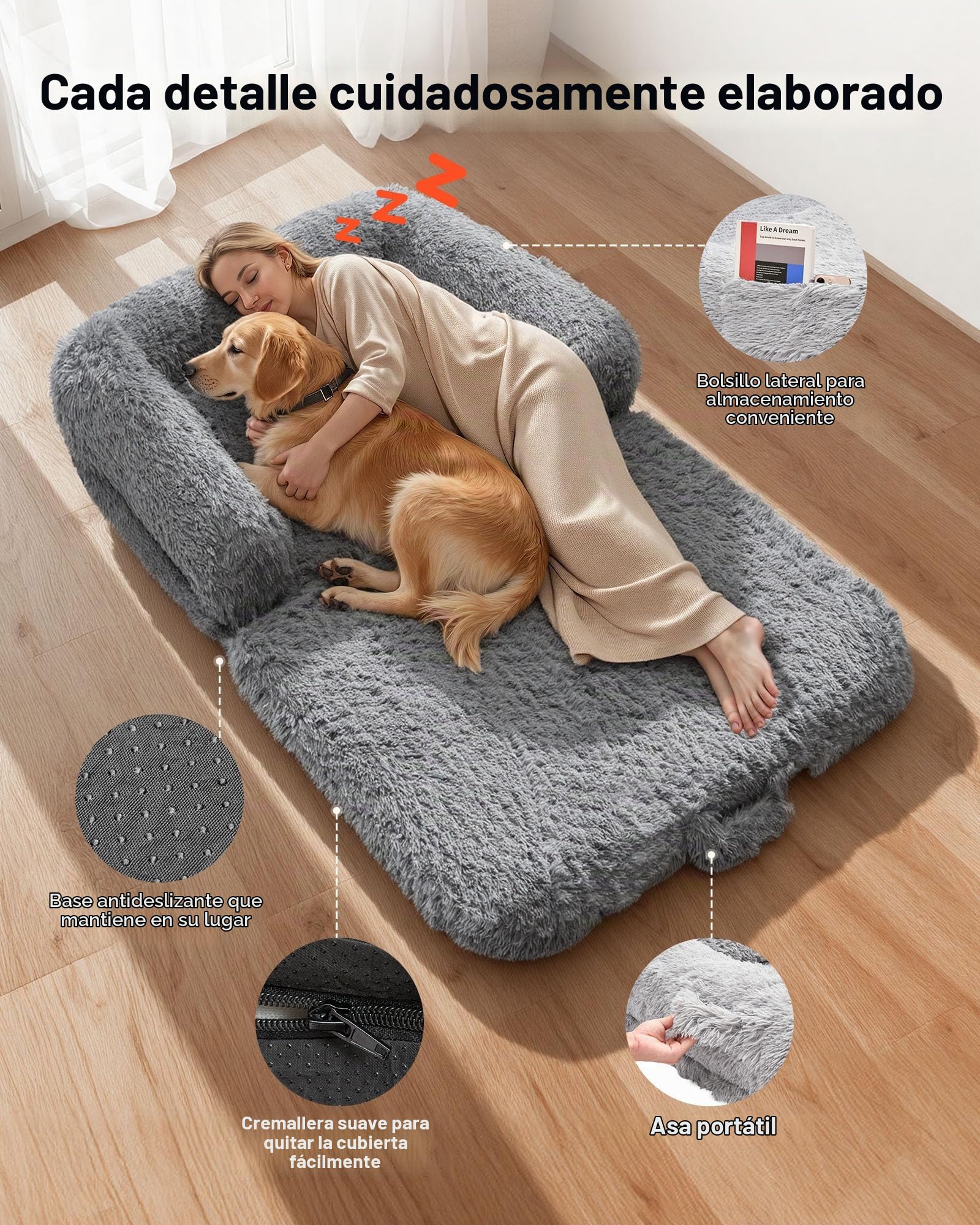 VEVOR Cama Rectangular para Perros, 181 x 111 x 22 cm, Ortopédica, de Espuma Viscoelástica, Tamaño Humano, con Bolsillo Lateral, Asa y Cremallera, Funda Extraíble y Lavable a Máquina, Gris Oscuro