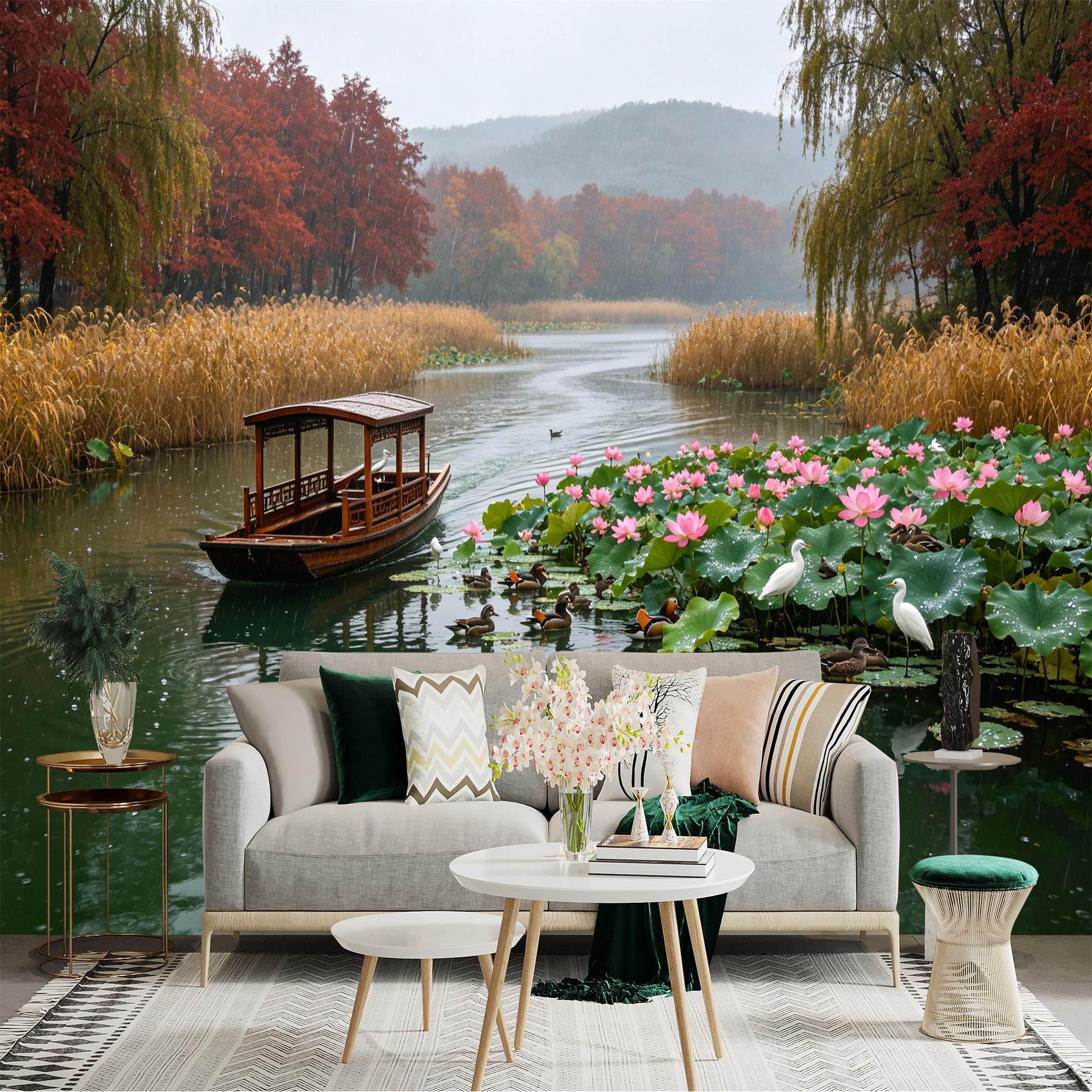 Custom Size Wall Sticker Mural， Oriental Boat on Misty Lake， Pink Lotus Flowers and Birds in Autumn Forest， for wall Decoration， peelandstick wall Decals.