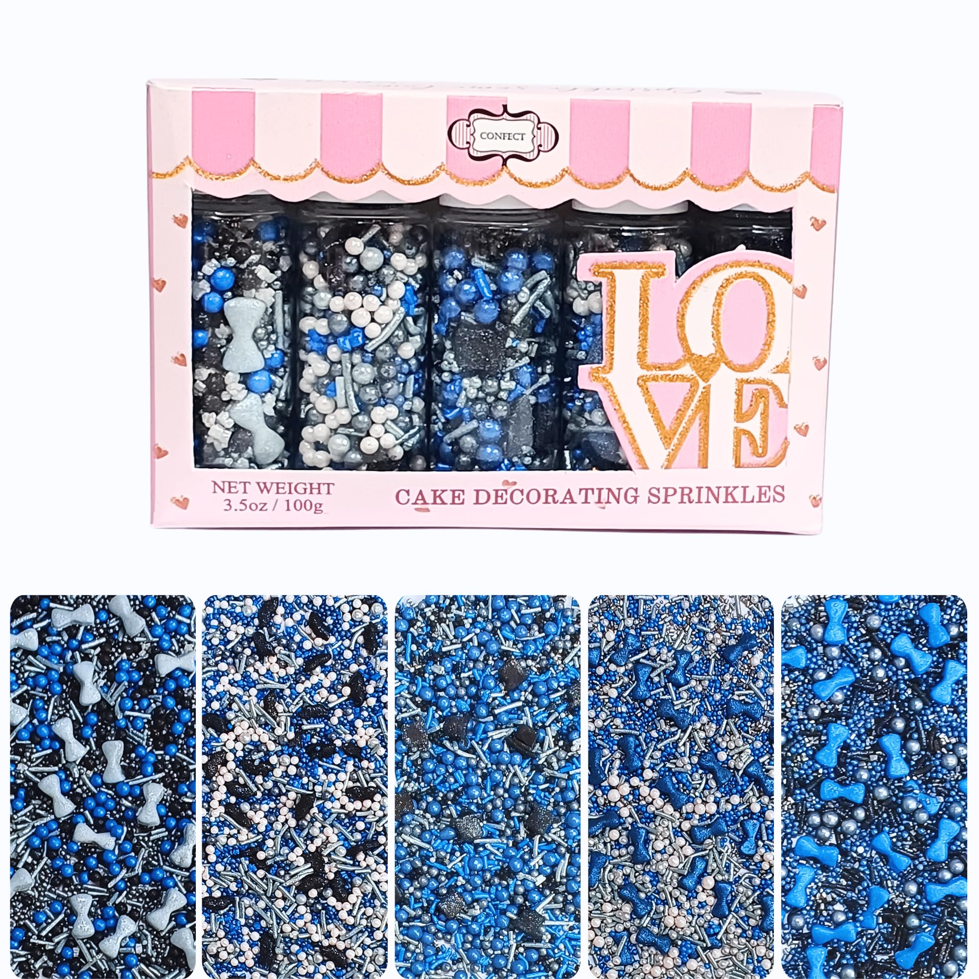 Confect Edible Sprinkles | Black, Blue & White Sprinkle Mix For Celebration | Assorted Pack of 5 Edible Sprinkles | Vegan, Gluten-Free, Nut-Free,