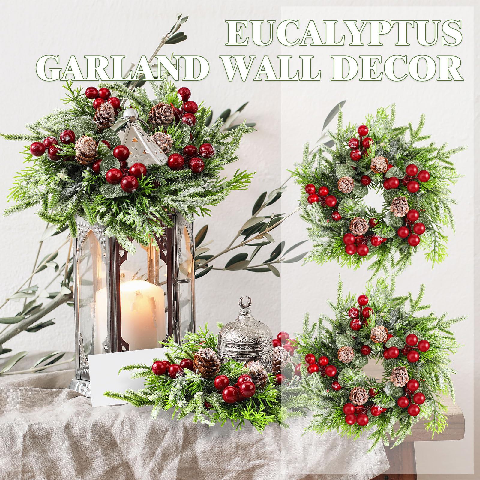 Lyrow 4 Pcs Christmas Candle Rings Wreath Xmas Kitchen Cabinet Mini Wreath Artificial Berries Snowy Pine Candle Ring Holder for Christmas Chandelier Home Table Centerpiece Indoor Decor