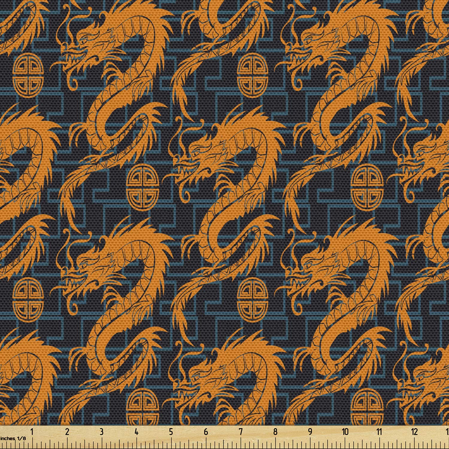 Lunarable Dragon Fabric by The Yard, Orange Toned Fantasy Folk Dragons of The Chinese Art on Dark Blue Symbolic, Decorative Fabric for Upholstery and Home Accents, 3 Yards, Orange Indigo