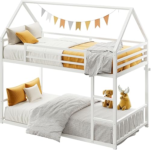 Miniatura 3 de LIKIMIO - Litera de tamaño individual sobre individual, estructura de cama litera con escalera y barandilla, en forma de casa con listones de metal