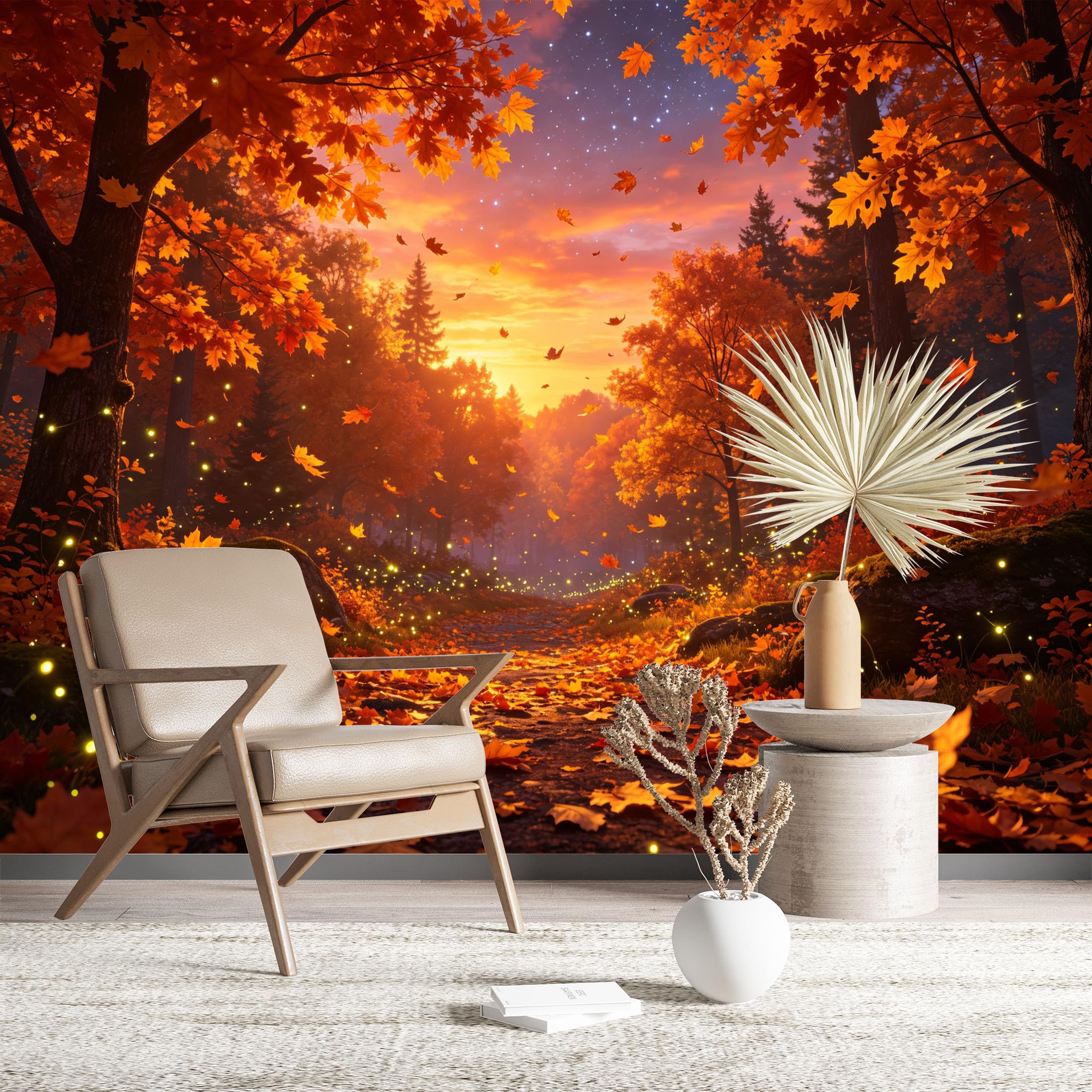 Custom Size Wall Murals Autumn Forest Path with Falling Leaves Realistic Self-Adhesive Wall Fabric (NO PVC) Removable Wallpaper for Living Room Bedroom