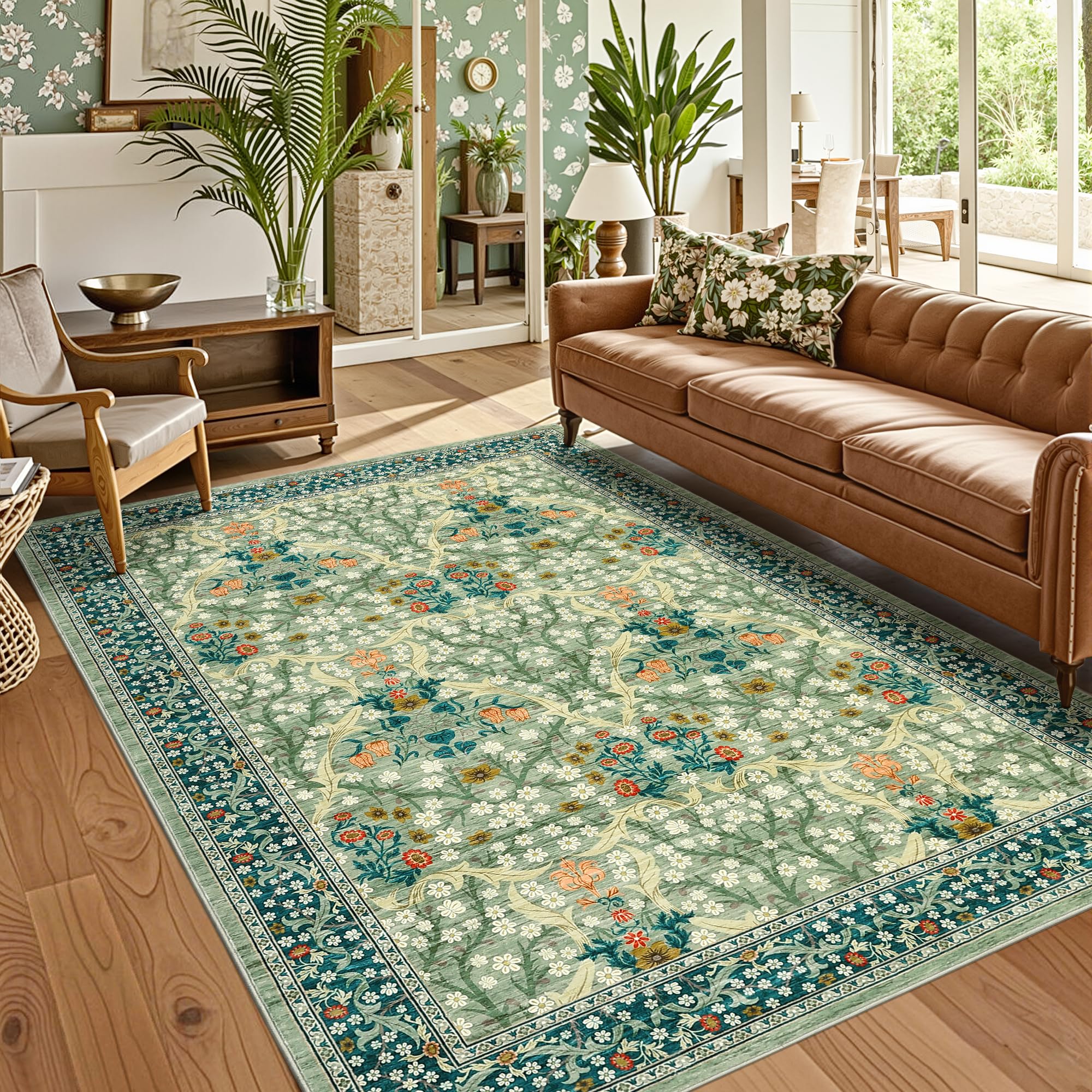 GarveeHome 8x10 Area Rugs, Washable Rugs for Living Room Non Slip Stain Resistant Ultra Soft Floral Rug, Boho Carpet Floor Mat for Bedroom Dining Room Nursery Playroom Office, Green