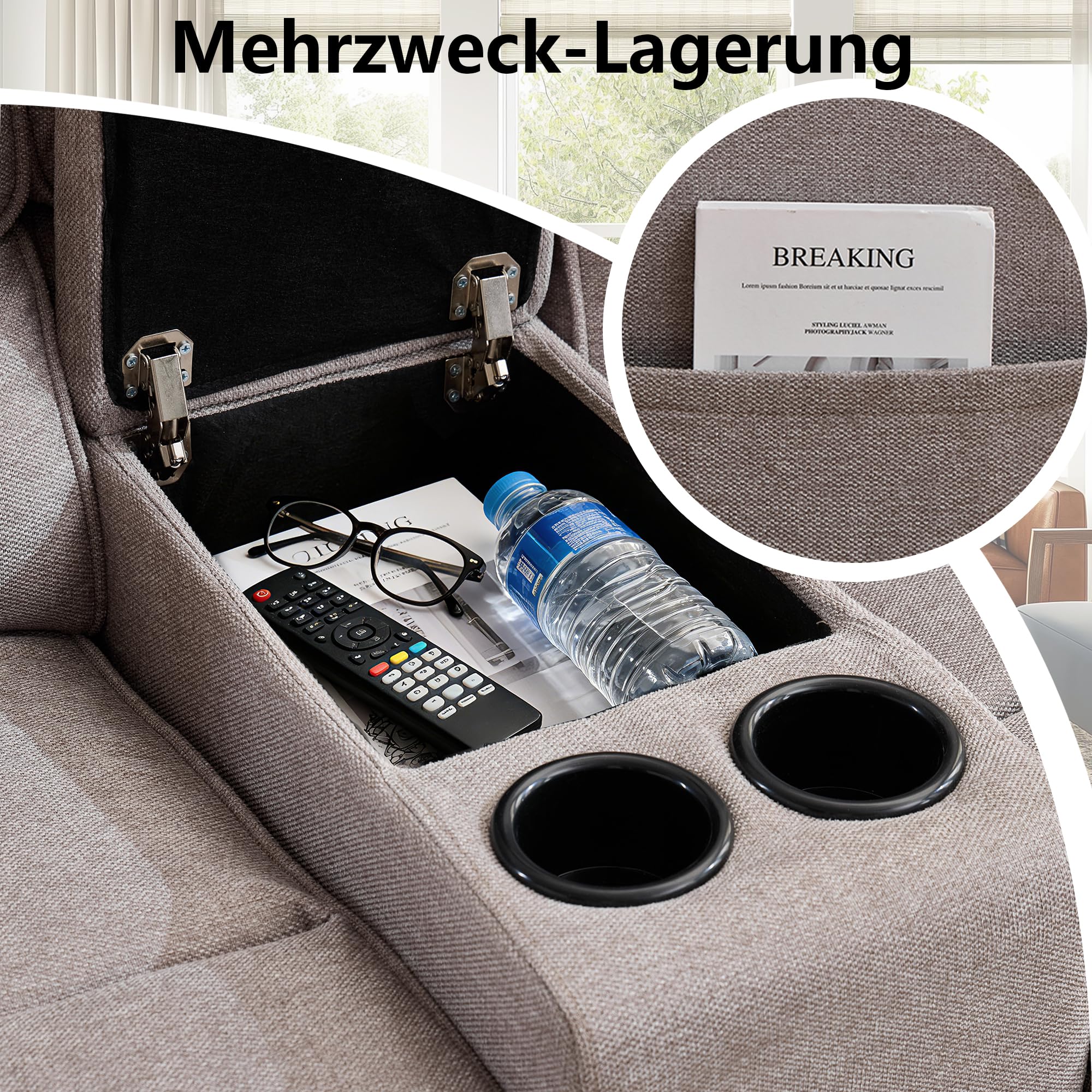 2er Kinosessel Relaxsessel mit Liegefunktion, 2 Sitzer Fernsehsessel TV Sessel mit Konsole, 4 Getränkehalter Cupholder, zweisitzer Sofa für Wohnzimmer (Hellgrau)