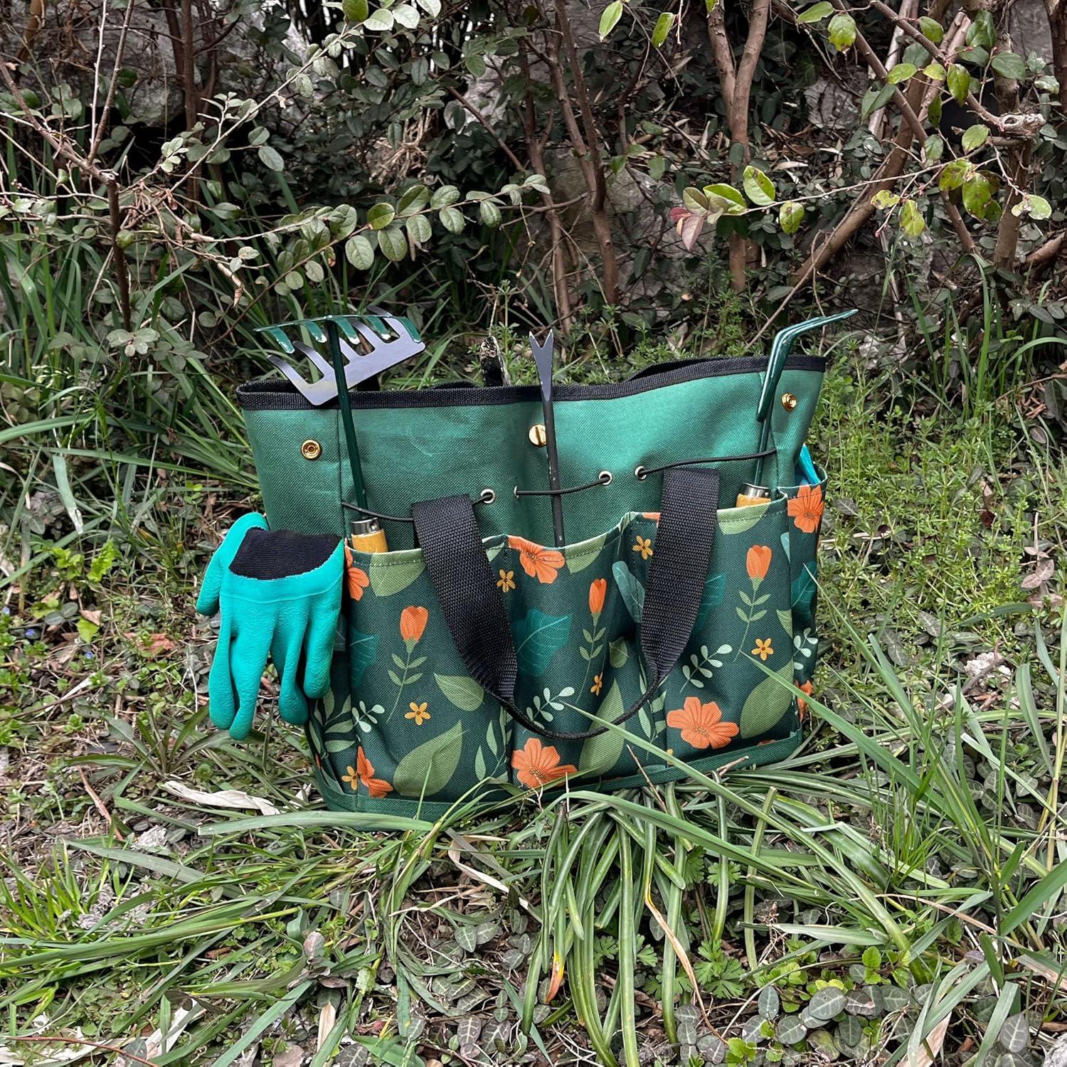 Waterproof Garden Tool Bag, 600D Oxford Portable Gardening Tote with Handle & Multi Pockets, Ideal Gifts for Parents Women (Green Flower, Tools Not Included)