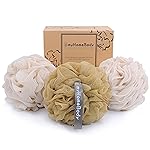 myHomeBody Large 70g Loofah Sponge, Body Scrubber, Bath Sponge, Loofah for Women, Men, Exfoliating Sponge Shower Pouf with Activated Charcoal - 2 Oat Milk + 1 Caramel, 3 Pack