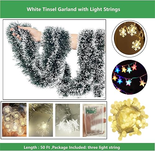 Miniatura 4 de Guirnalda de Navidad con luces, guirnalda metálica de oropel giratorio de 50 pies, decoración colgante para el hogar, ventana, chimenea, interior y