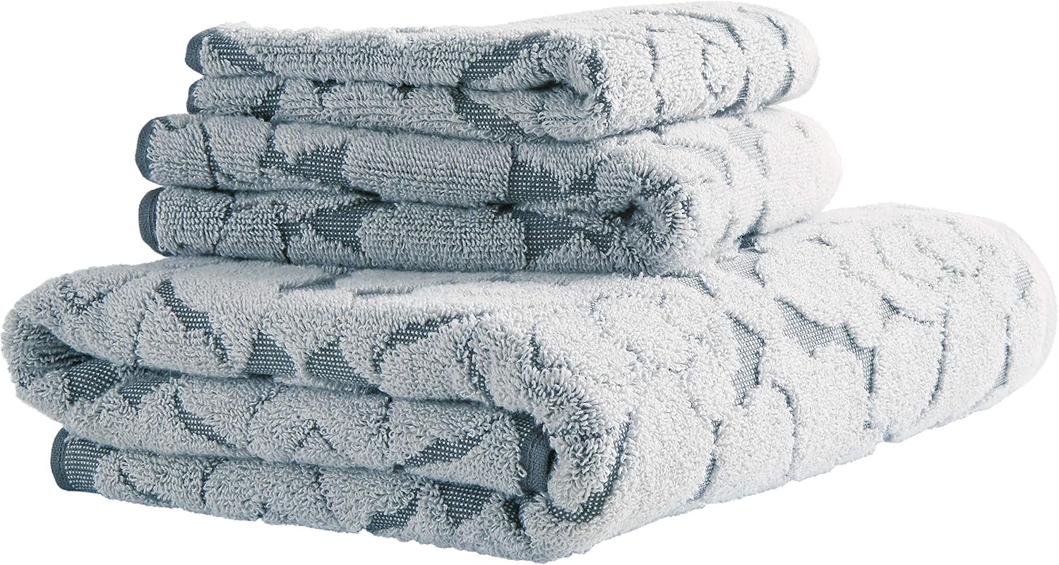 Amazon Brand – Stone & Beam Flora Jacquard Cotton Bath Towel Set, Set of 3, Regatta Blue