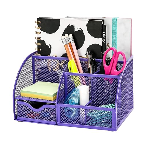 EXERZ Desk Organiser/Mesh Desk Tidy Caddy/Pencil Holder Multifunctional with 7 Compartments - Purple - Purple