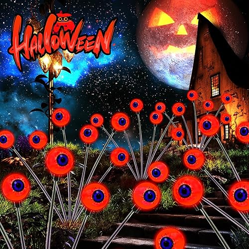 Miniatura 7 de Decoraciones de Halloween al aire libre, paquete de 2 luces solares oscilantes de globo ocular, balanceo por el viento, luces solares de camino,