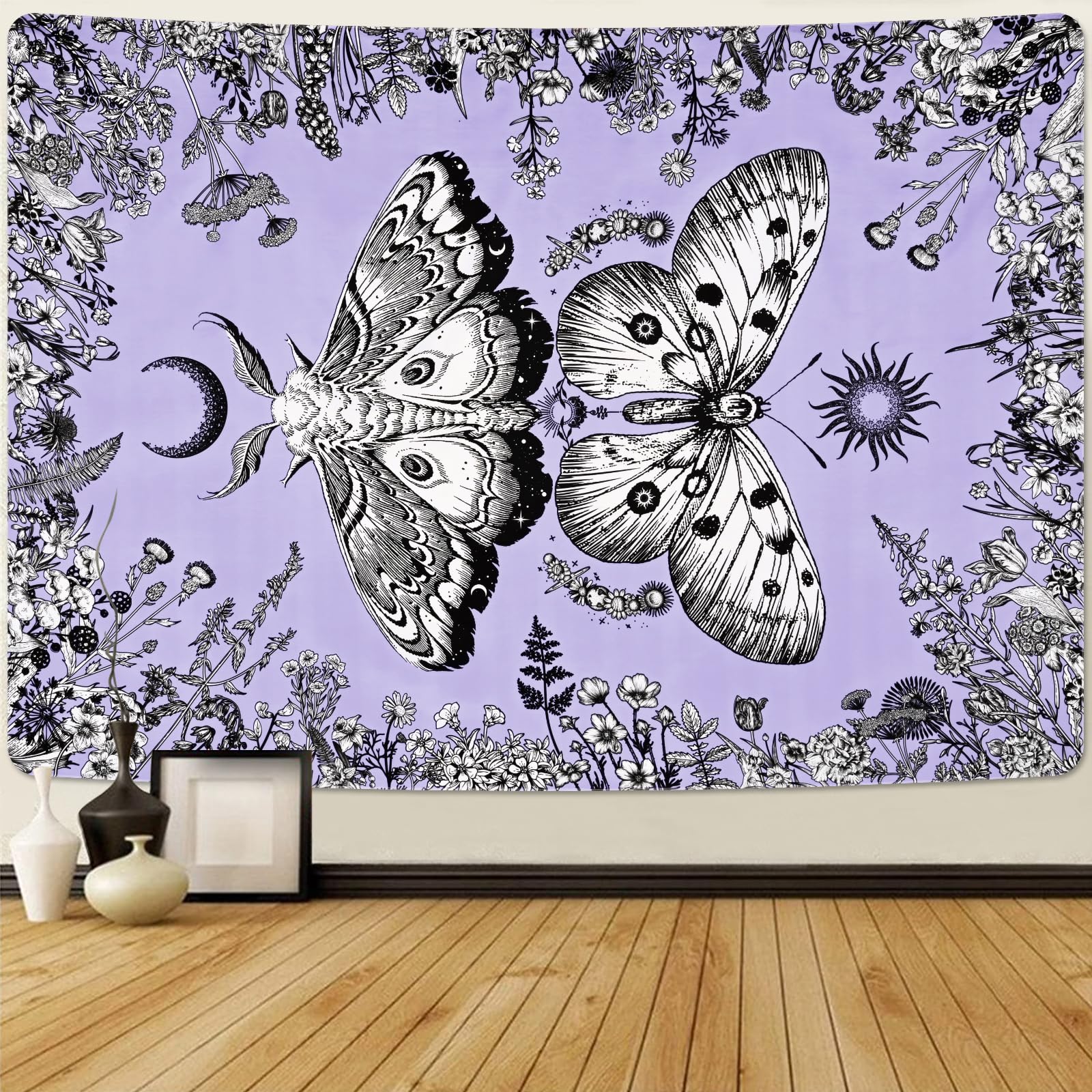 Krelymics Butterfly Moth Tapestry Moon Flowers Tapestries Botanical Floral Wall Tapestry for Bedroom Aesthetic Tapestry Purple Tapestry Wall Hanging for Room Dorm(51.2 x 59.1 inches)