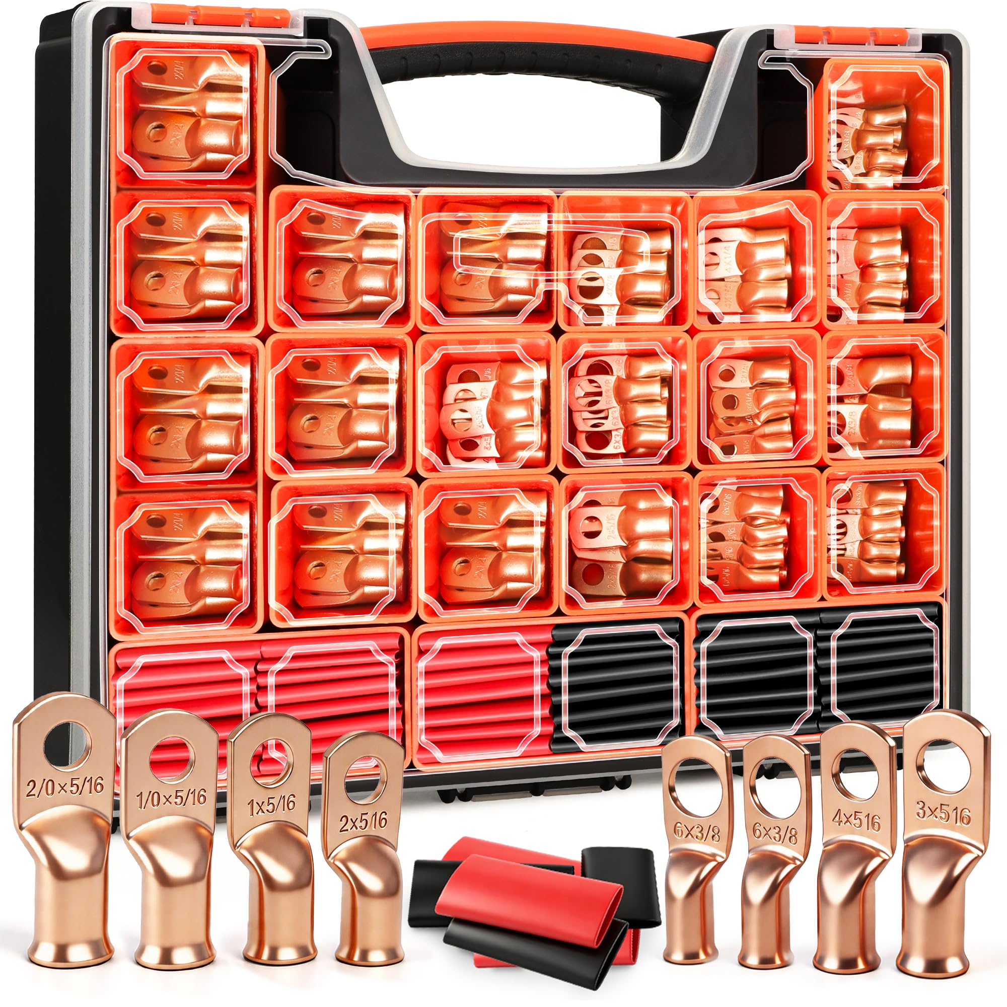 Kuject 220 extremos de cable de batería AWG 1, 2, 4, 6, 8, 1/0, 2/0, 110 terminales de cobre resistentes, surtido de conectores de terminales de cable de batería con 110 tubos termorretráctiles 3:1