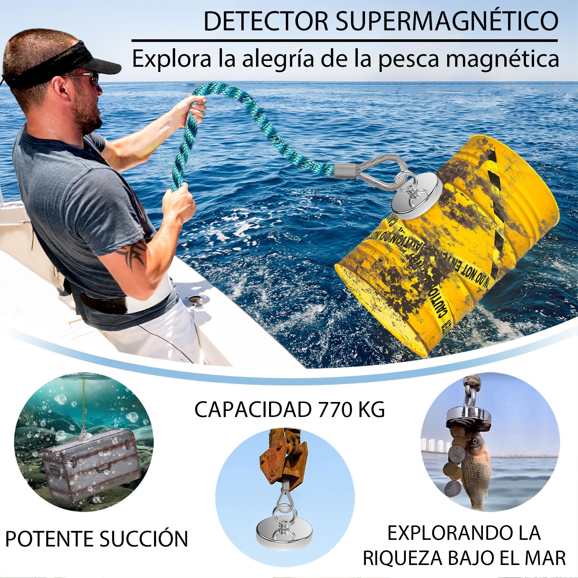 Magnetpro Imán de pesca de más de 770 kg de fuerza de tracción, imanes de alta resistencia con cáncamo diámetro de 120 mm ideal para pesca magnética, caza y recuperación en ríos e industria