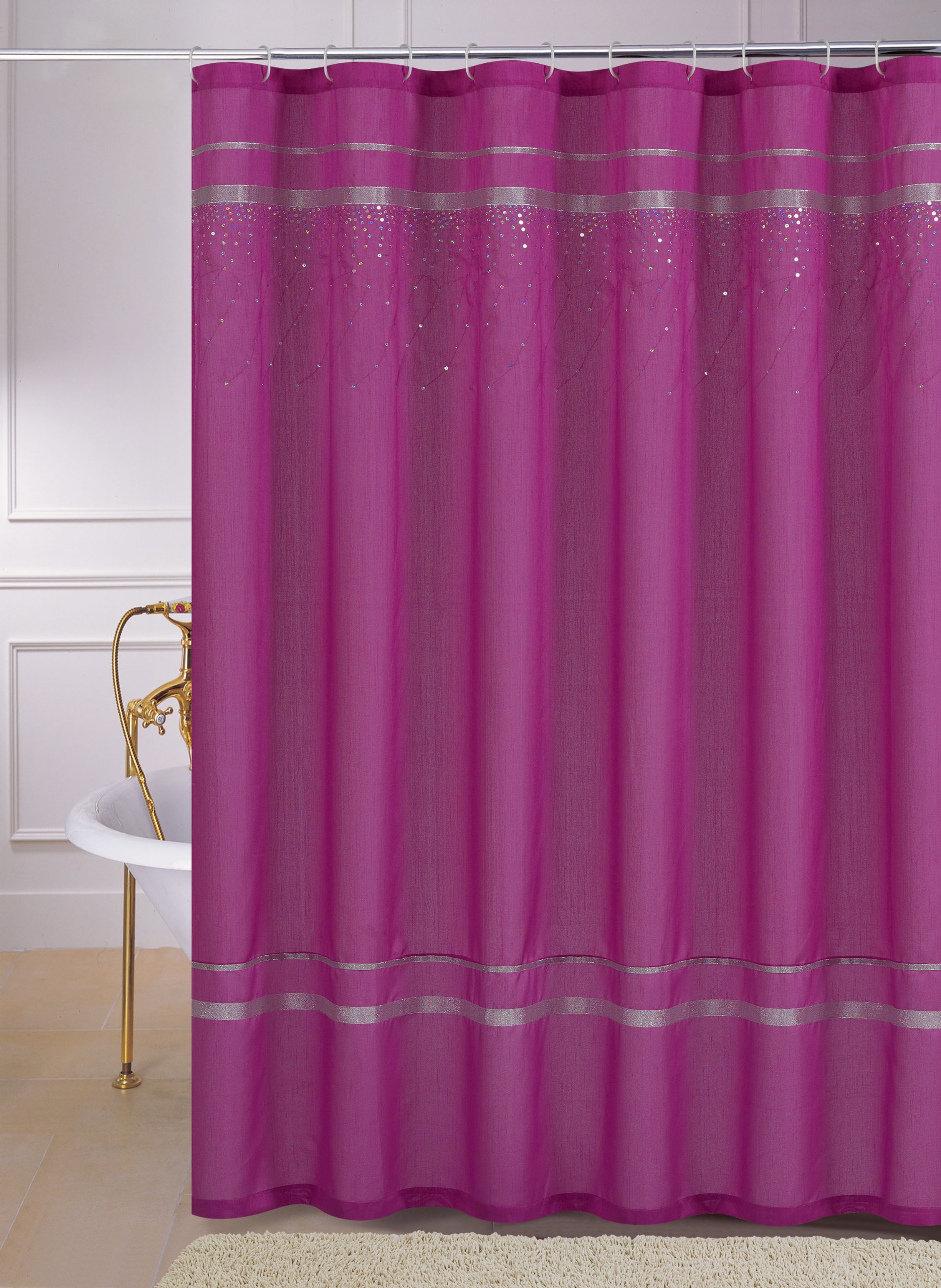 Pink Faux Silk Fabric Shower Curtain with Silver Sequin Design 70" x 72"