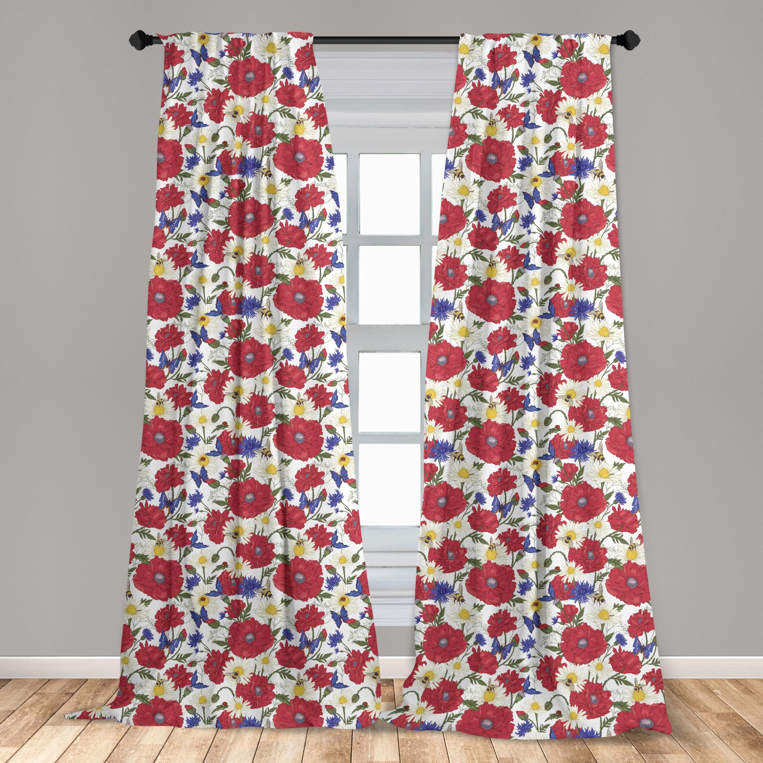 Amazon｜Ambesonne ポピーフラワーカーテン ヴィンテージスタイル 夏