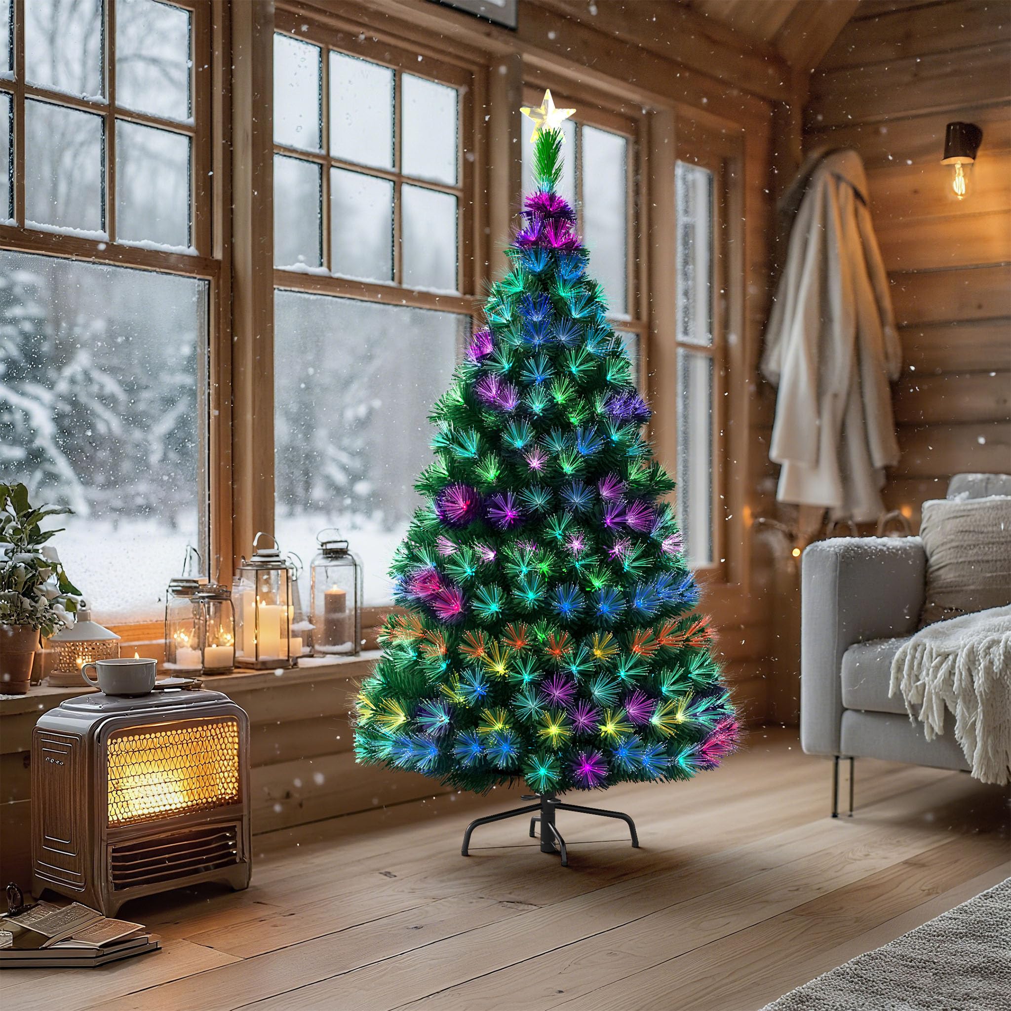 Aufun Árbol de Navidad Artificial 210cm,Árbol de Navidad con LED y Parte Superior de Estrella,Abeto de Fibra de Vidrio Artificial Que Cambia de Color para Hogar (2.1M,Fibra de Vidrio Colorida)