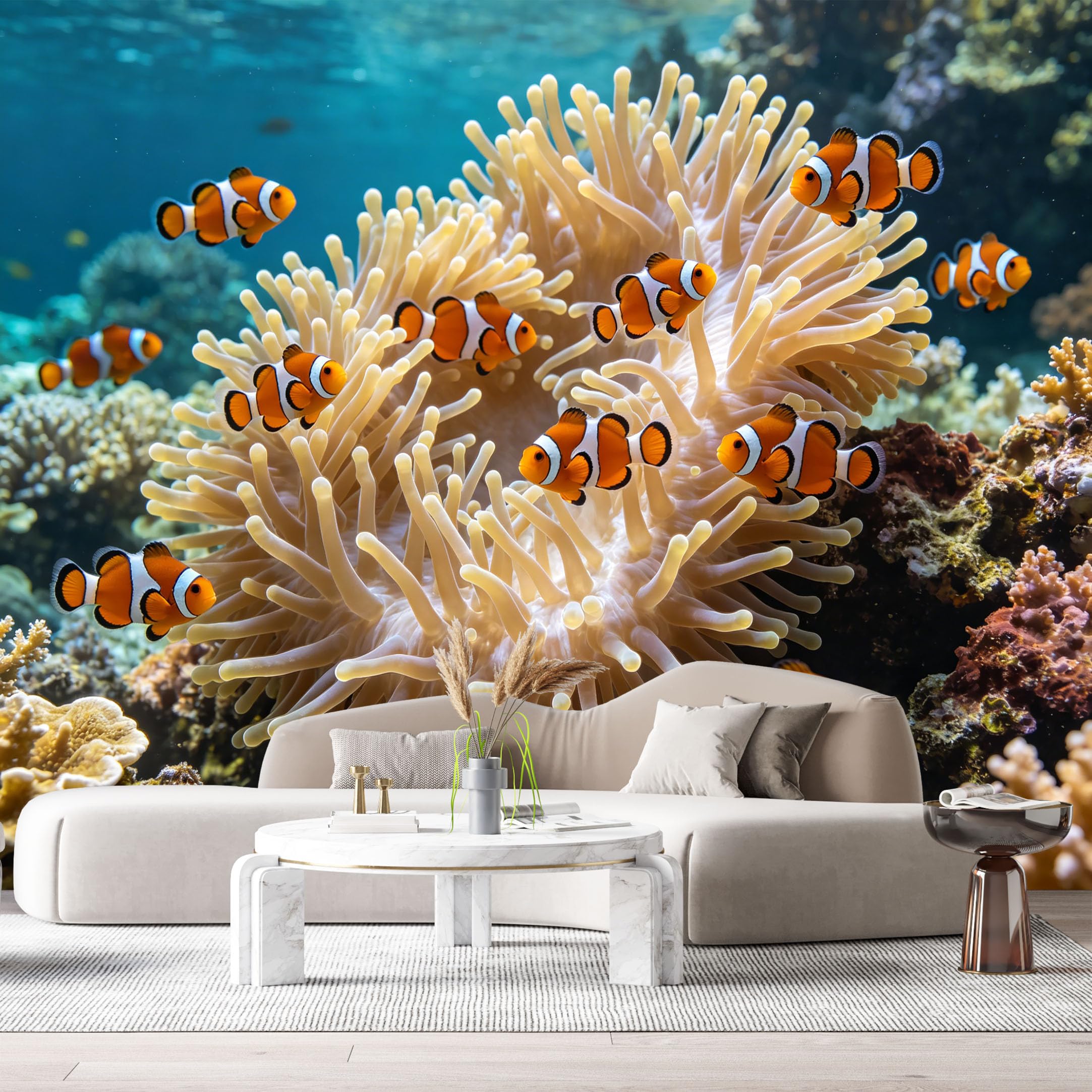 Custom Size Wall Murals Ocean Marine Watercolor Clownfish Sea Anemone Underwater Life SelfAdhesiveWall Fabric Removable Wallpaper Wall Decor for Living Room Bedroom Bathroom
