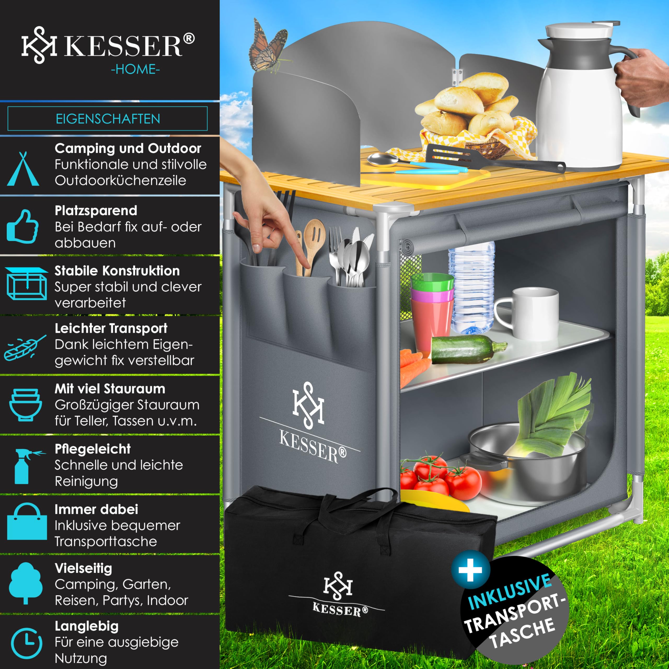 KESSER® Cucina da campeggio, con borsa per il trasporto e set di bicchieri, armadietto da campeggio pieghevole, con struttura in alluminio, cucina da viaggio, armadietto da tenda, cucina da campeggio,