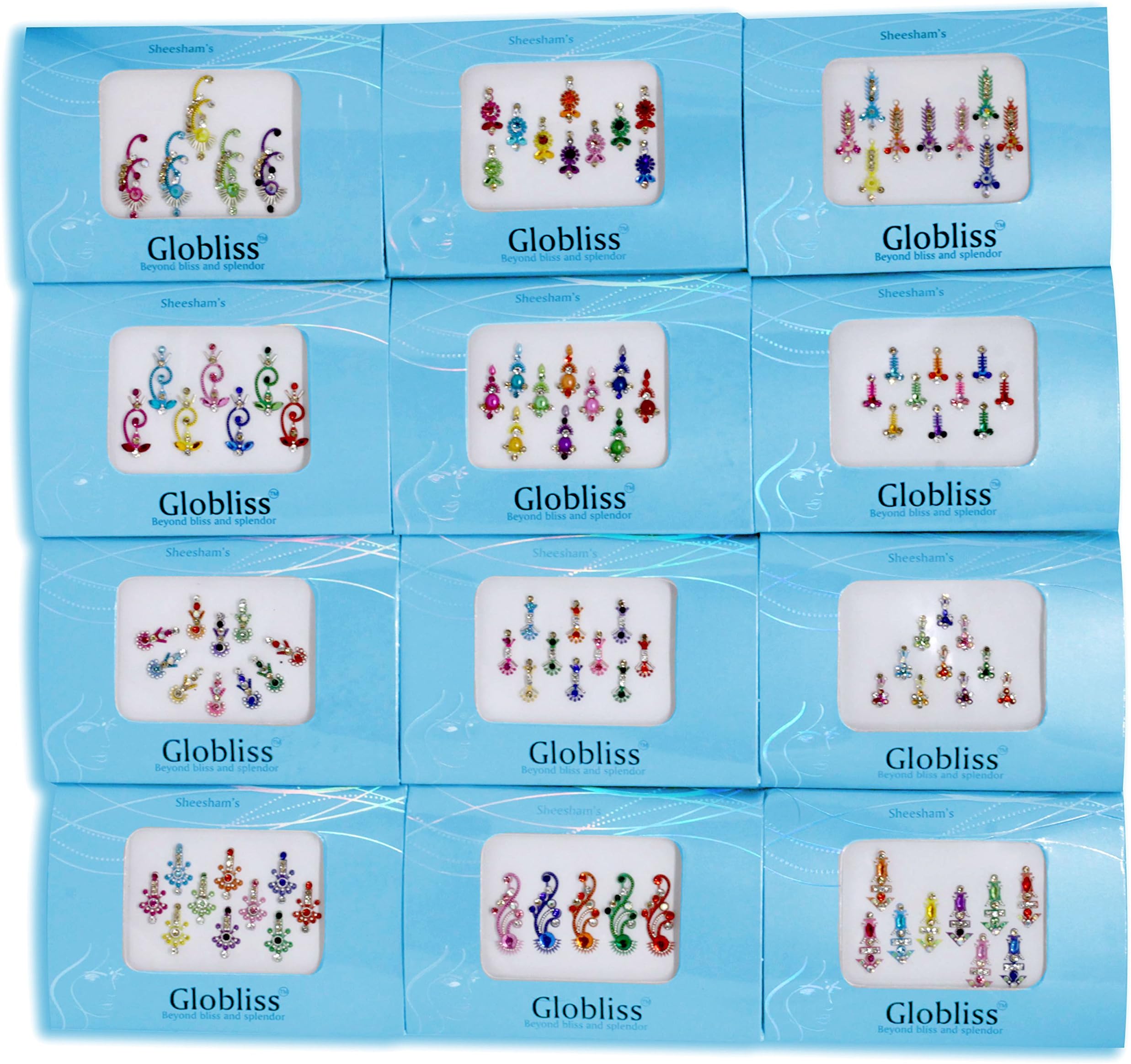 4 Packs Pure Crystals Gorgeous Indian Bindis Multicolored n colors face Gems Forehead Sticker