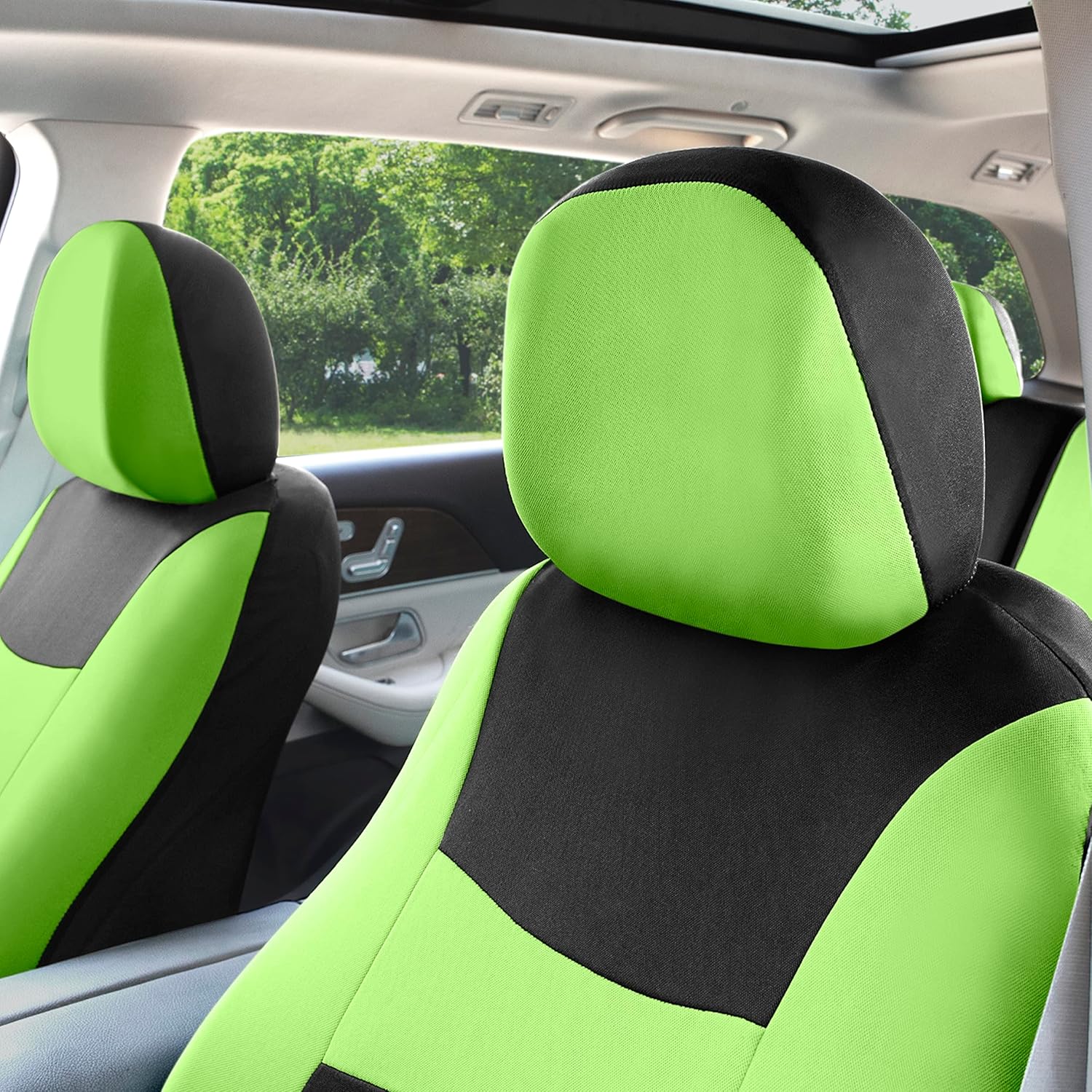 FH Group Stylish Full Set Car Set Covers Front Set and Rear Split Function, Airbag Compatible – Universal Fit for Cars Trucks & SUVs (Green/Black)