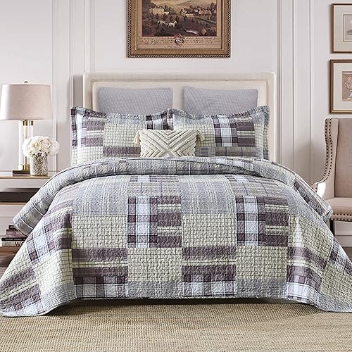 PANGUSHAN Juego de edredón tamaño Queen, 100% algodón, juego de ropa de cama Queen, edredón de retazos a cuadros para cama Queen, edredón rústico de