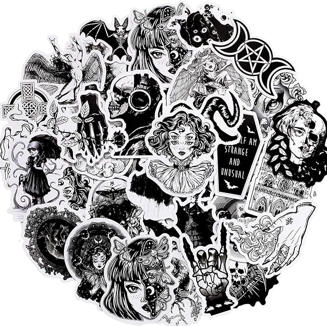 Gothic Stickers Black and White Stickers Gothic Waterproof Vinyl Stickers Skull Gothic Stickers Cool Graffiti Stickers for Laptop Luggage Notebook Skateboard Cars Motorcycle Bicycle (50 Pieces)