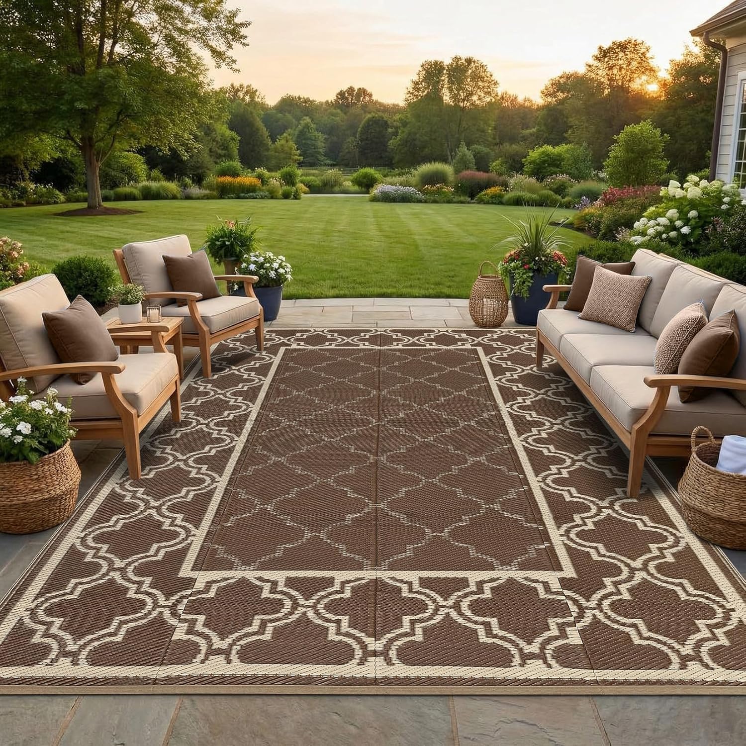 Garvee Reversible Outdoor Rug 9x12, Waterproof Outdoor Plastic Straw Rug with Interlacing Pattern, RV Mat for Picnics, Patio, Camping, Balcony, Deck, Backyard, Porch, Brown