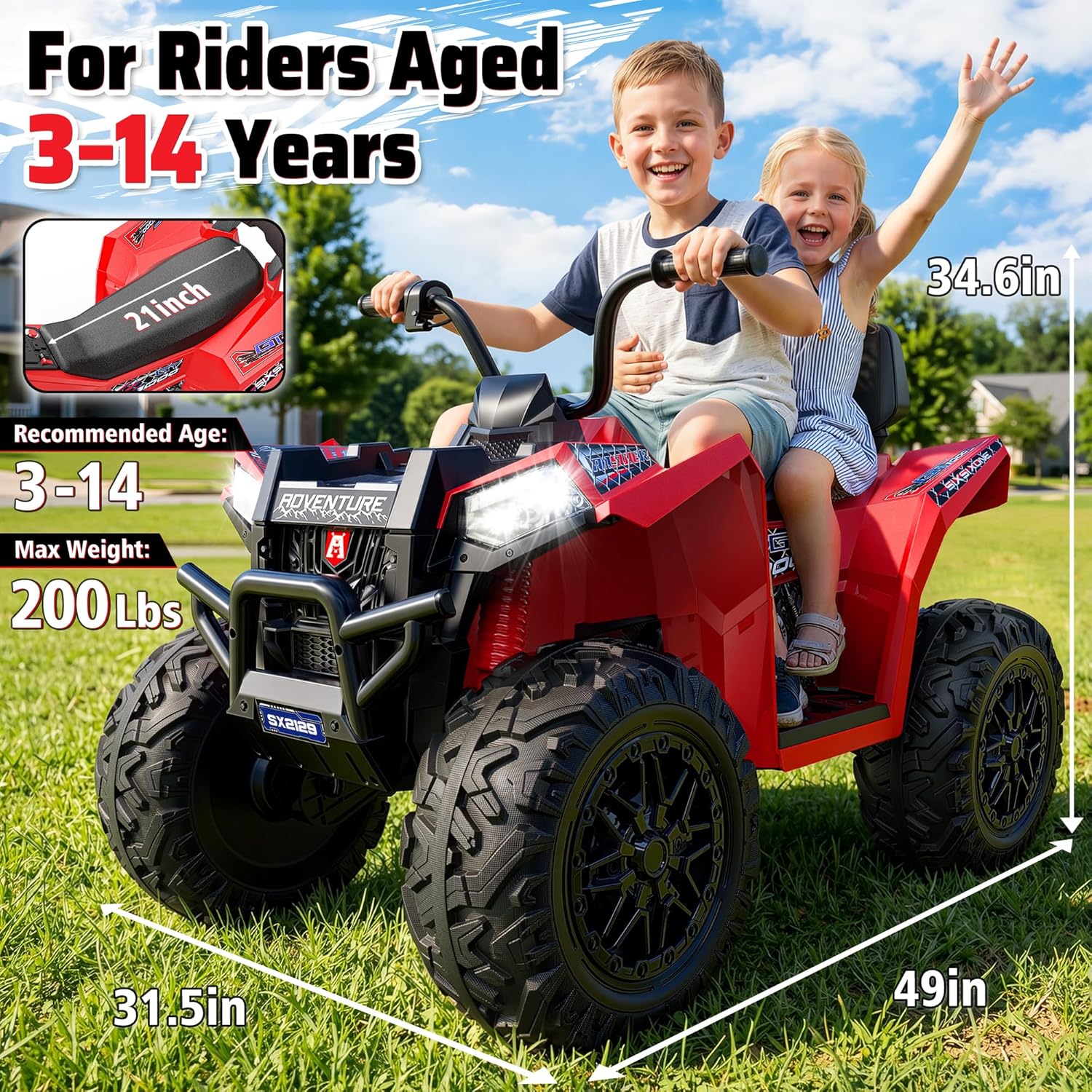ANPABO Kids ATV 4 Wheeler for Big Kids Aged 5-14, 200Lbs Capacity, 800W 24V 2 Seater Ride on Toy with 17" All-Terrain EVA Tires, Shock Absorber, Removable Battery, Bluetooth, Kids ATV Off Road Car