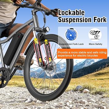 Electric Bike for Adults, 26 Commuter Ebikes with 5-Level Pedal Assist & 7-Speed Gears, 25MPH, 720W Motor, 375Wh Battery, 50 Miles, Lockable Suspension Fork, Lightweight Electric Mountain Bicycles