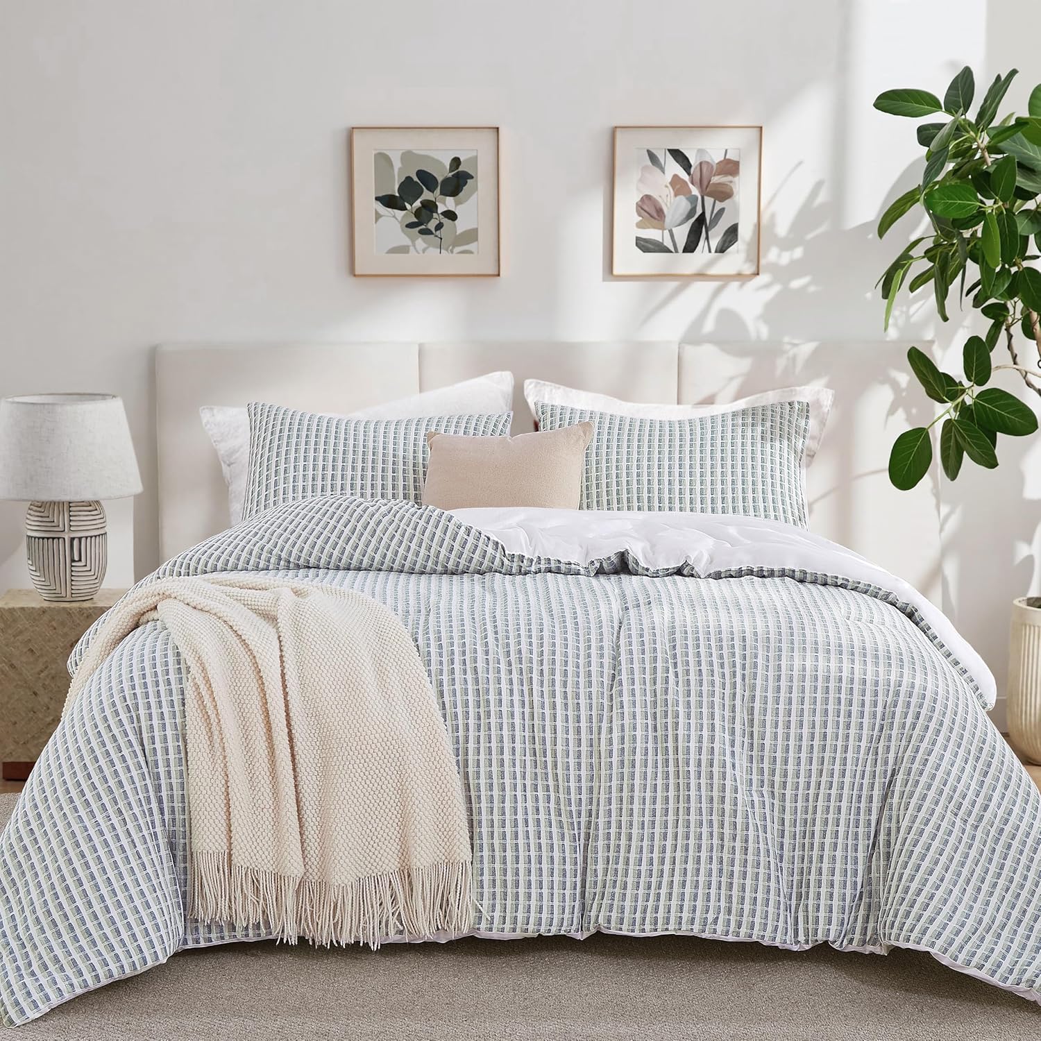 Oli Anderson 100% Cotton Waffle Comforter Set Queen Size, 3 Pieces Lightweight Breathable All Season Bed Comforter, Soft Skin-Friendly Blanket for Bedroom Guest Room, Machine Washable, Green